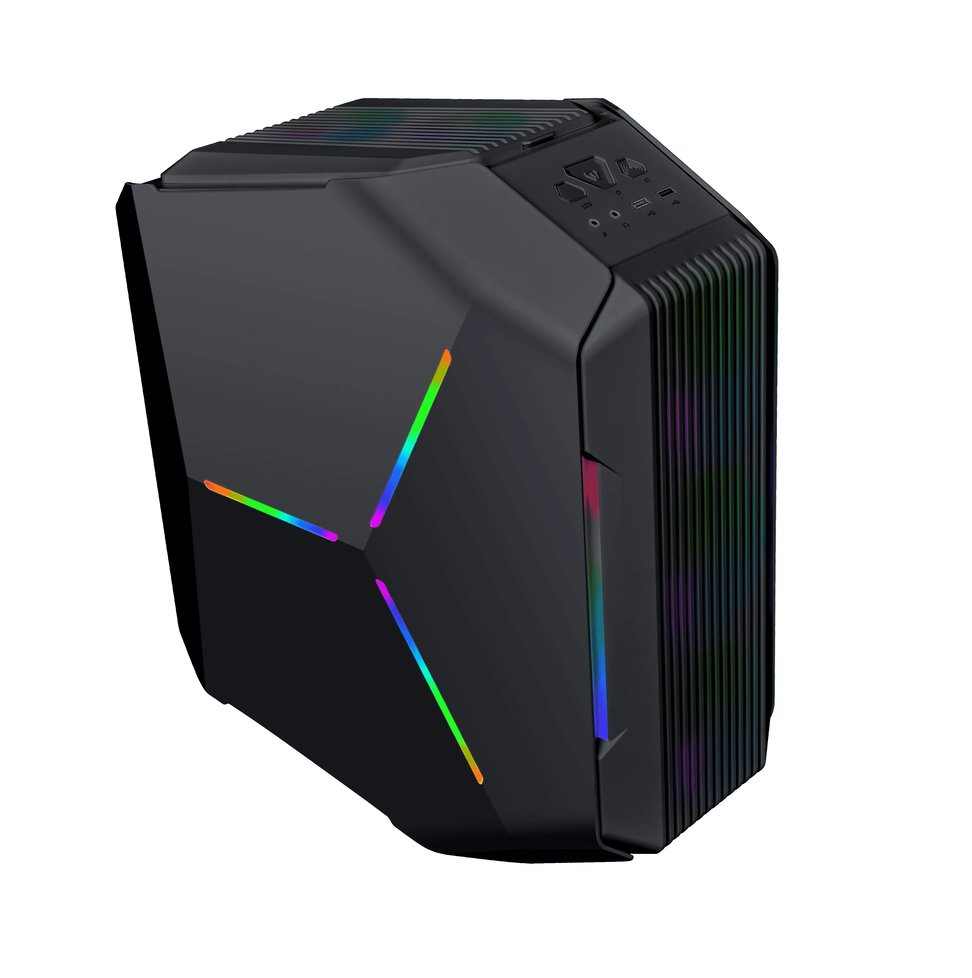 Yanda parlayan Y şeklinde bir RGB tasarıma ve önde dikey çizgilere sahip siyah bir bilgisayar kasası.