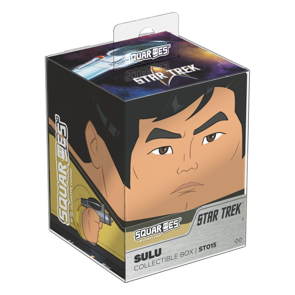 Scatola da collezione quadrata con un'illustrazione di Sulu da Star Trek in uniforme gialla e phaser.
