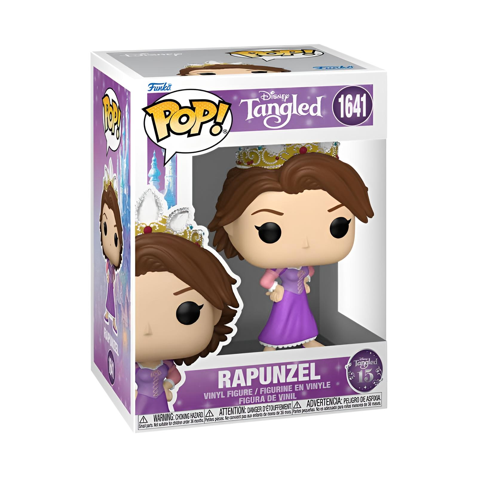 Figura Funko Pop de Rapunzel de Enredados en caja morada y blanca con corona y marca Disney.