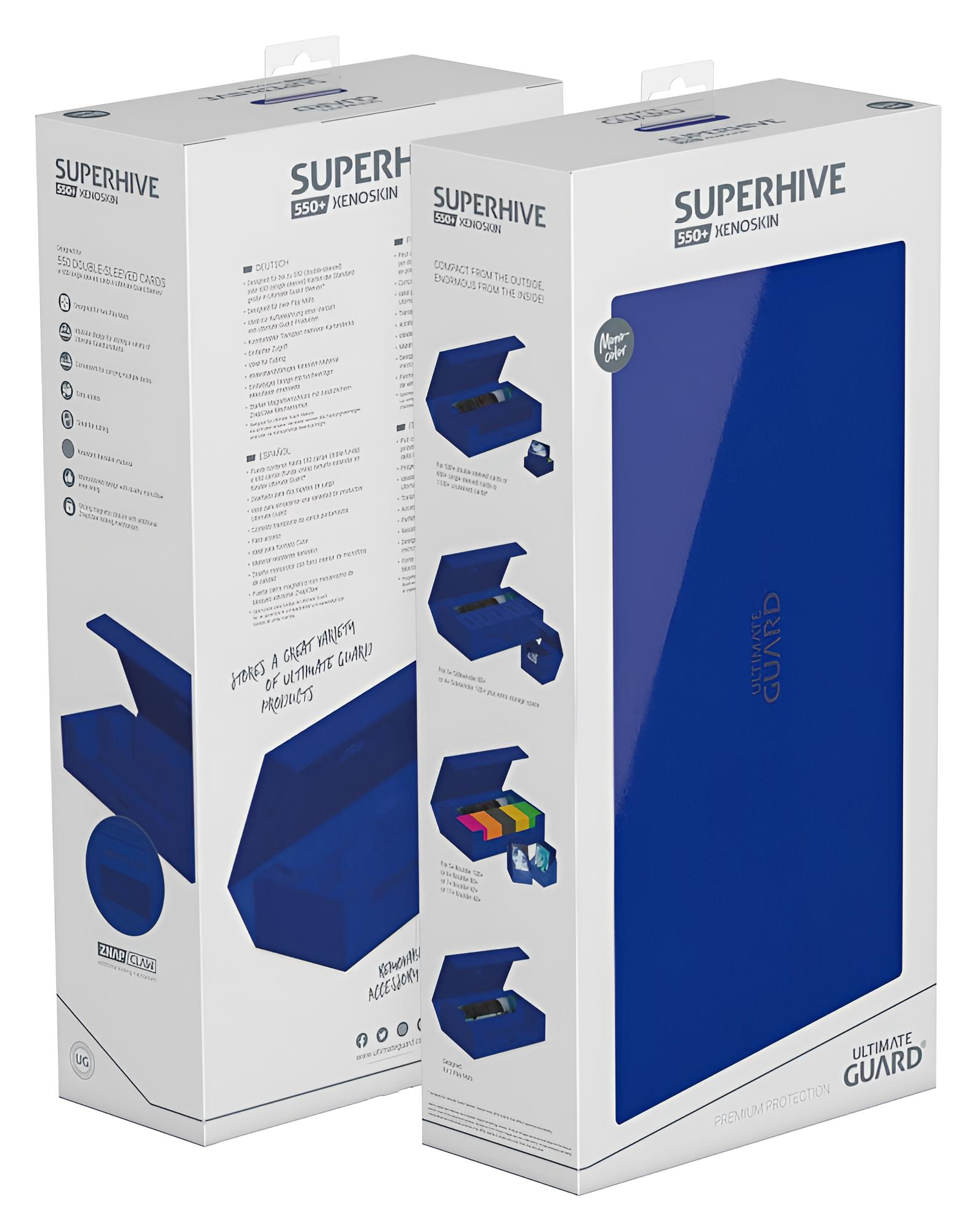 Deux boîtes d'emballage blanches Ultimate Guard Superhive 550+ Xenoskin en bleu, imprimées de détails et d'images.