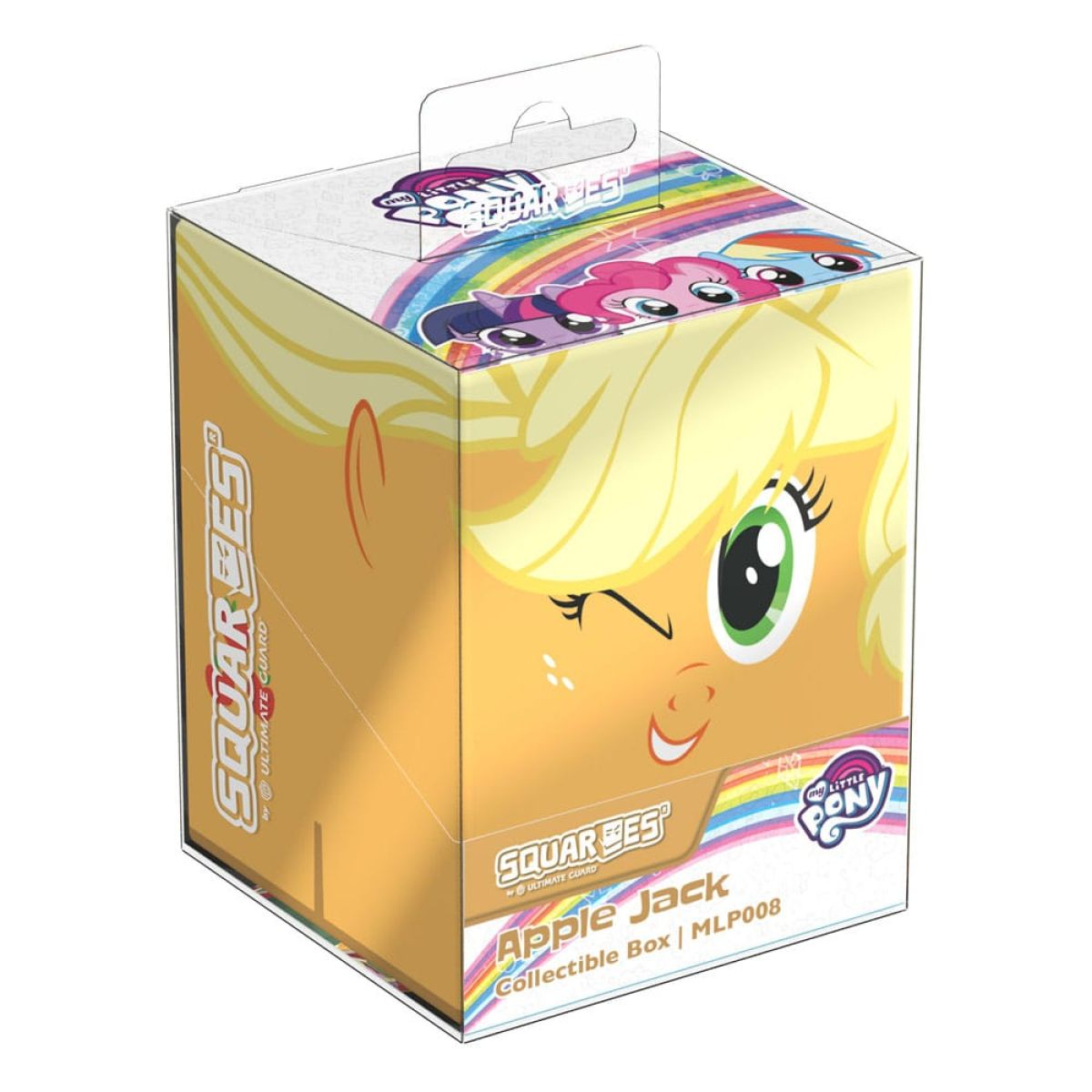 Eine My Little Pony Apple Jack Sammelkartenbox mit gelbem Hintergrund und Charaktergrafiken.