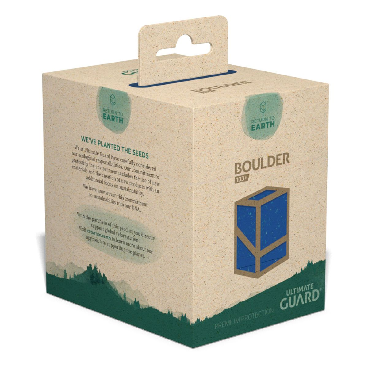 Emballage en carton recyclable avec texte, logo et graphique d'une boîte bleue.