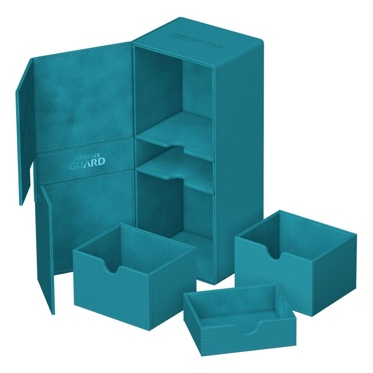 Une boîte de deck turquoise avec un compartiment principal ouvert et trois tiroirs amovibles.