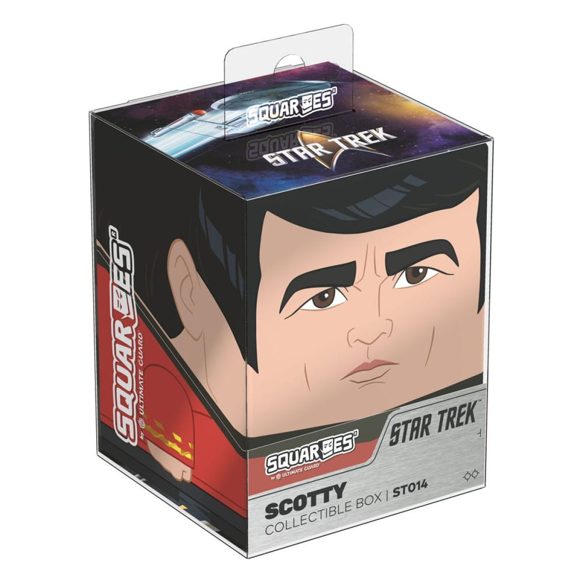 Boîte de collection Star Trek Scotty avec son visage stylisé et sa tenue rouge sur fond blanc.