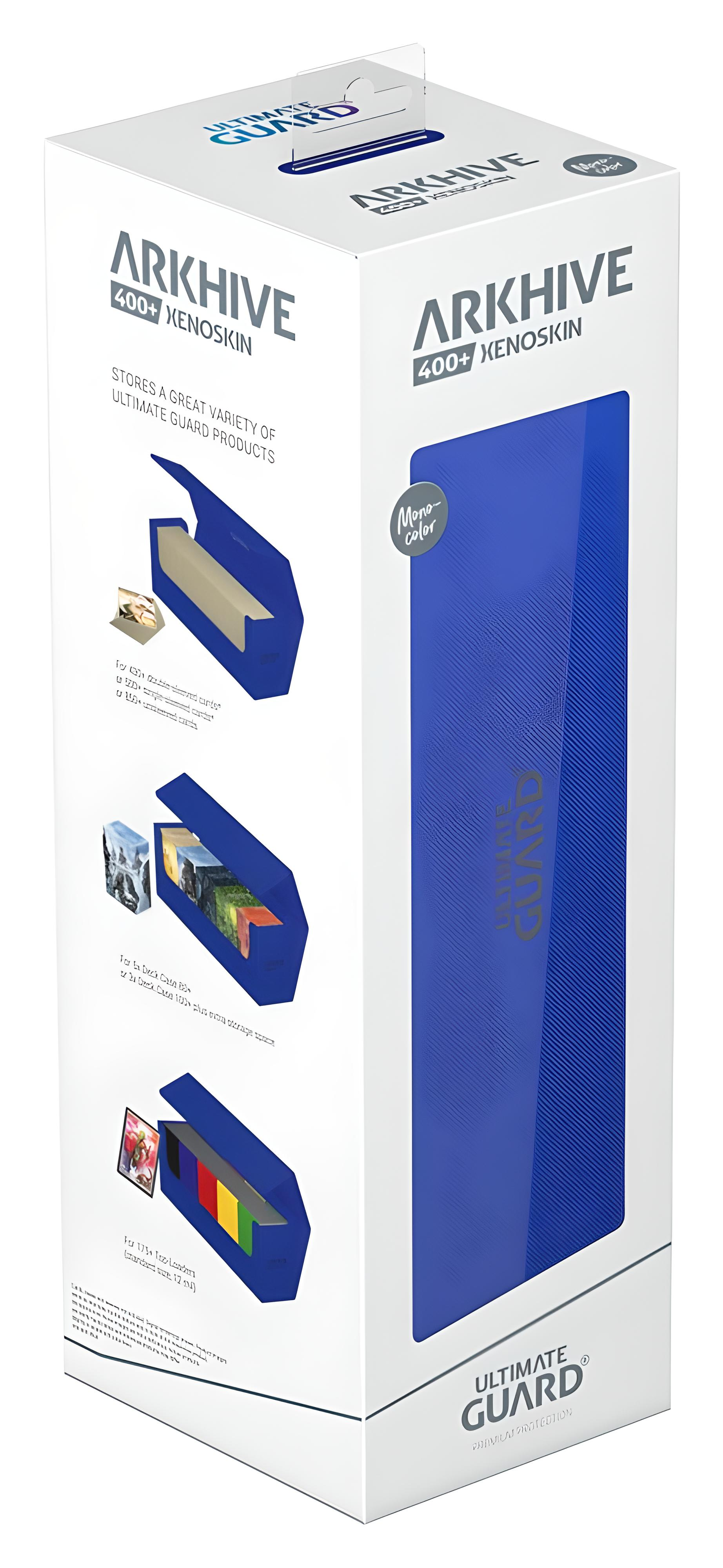 Boîte de rangement bleue Ultimate Guard Arkhive 400+ Xenoskin dans un emballage blanc.