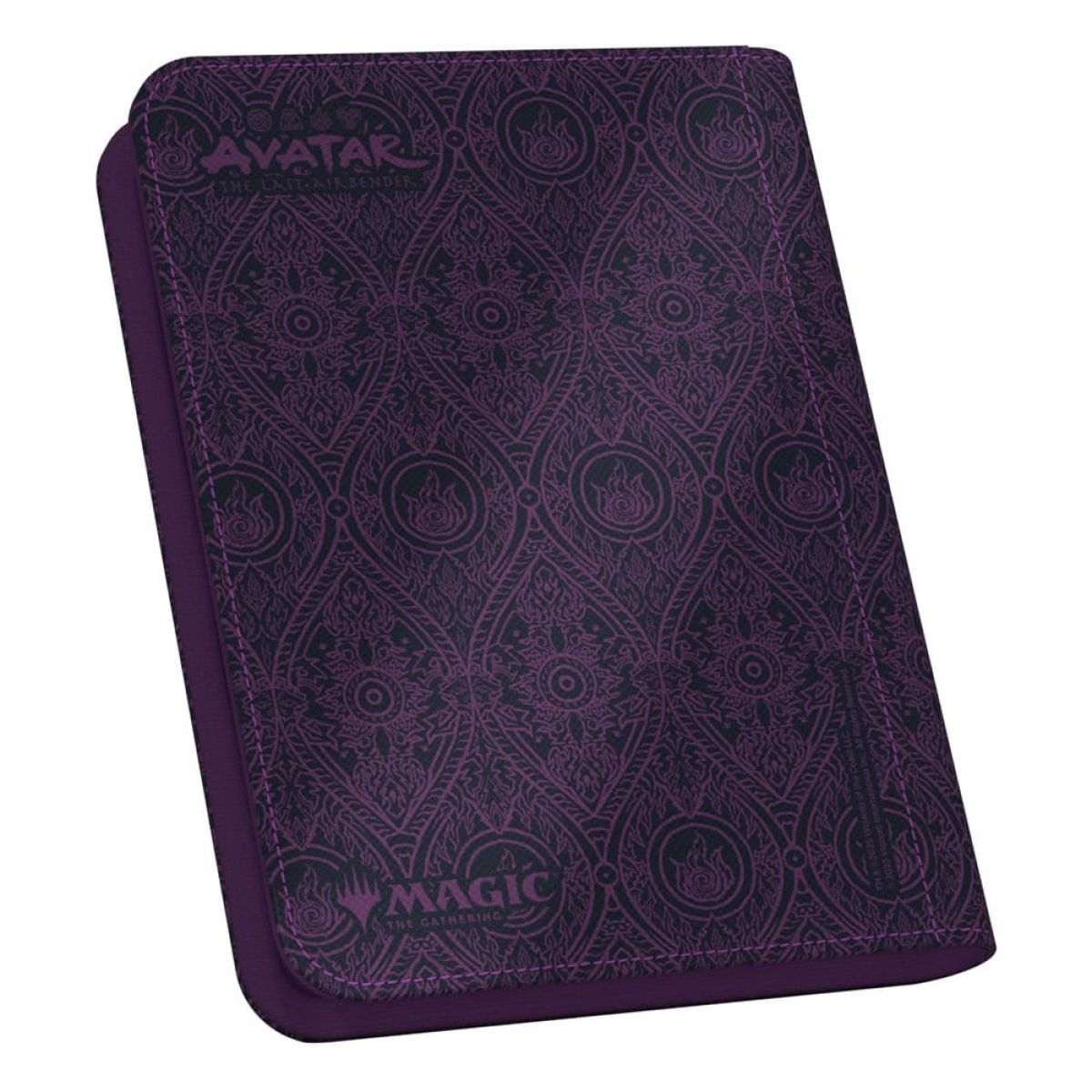 Un classeur de cartes violet avec des motifs et des logos.