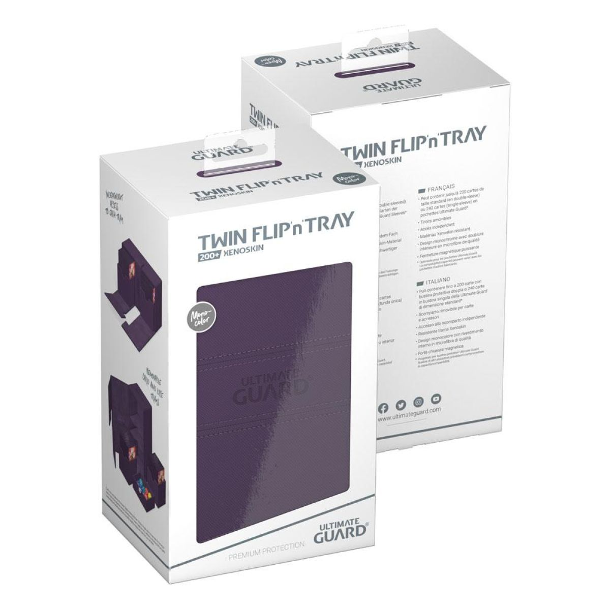 Deux boîtes d'emballage blanches Ultimate Guard violettes avec du texte et des graphismes sur fond clair.