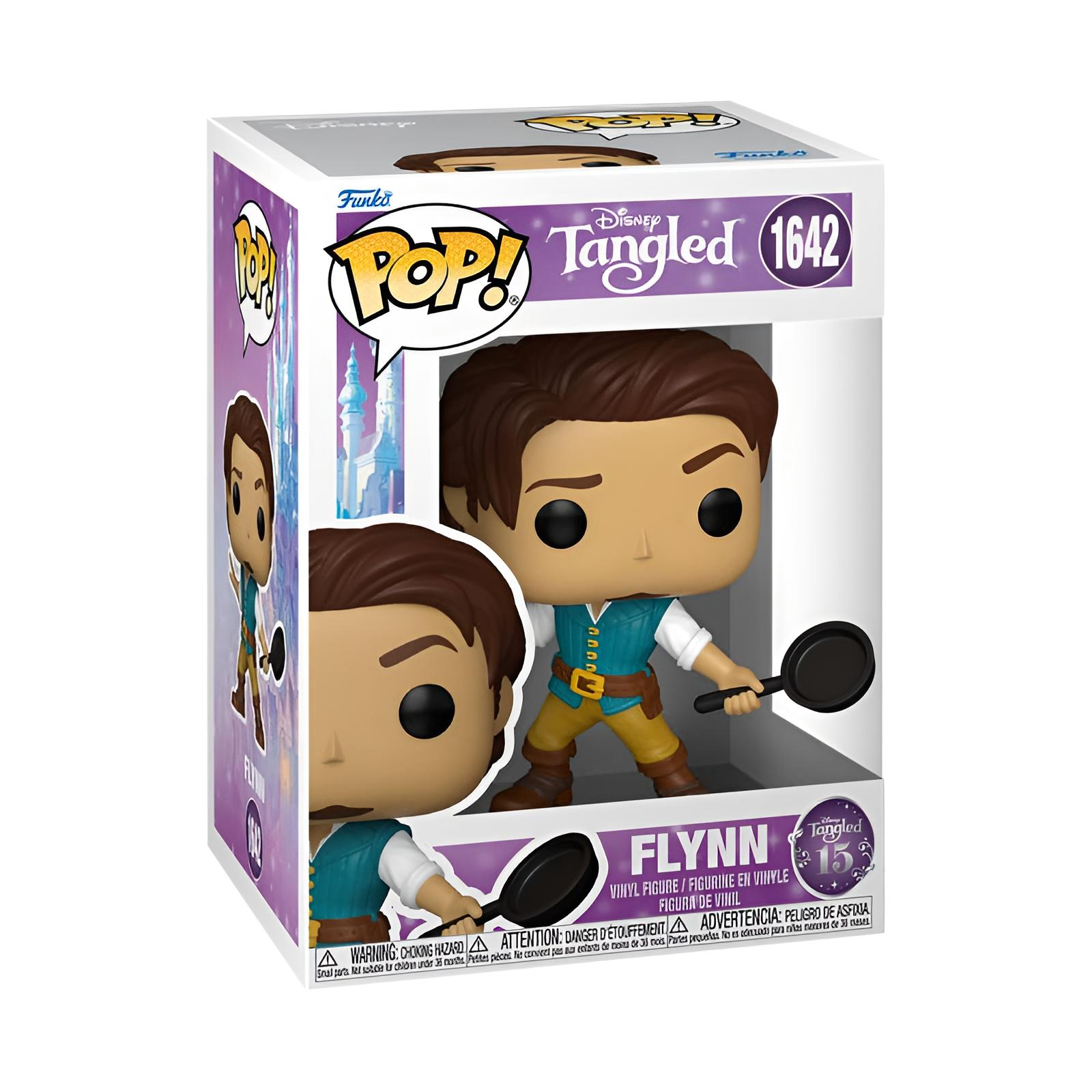 Una caja Funko Pop con una figura de vinilo de Flynn Rider con sartén.