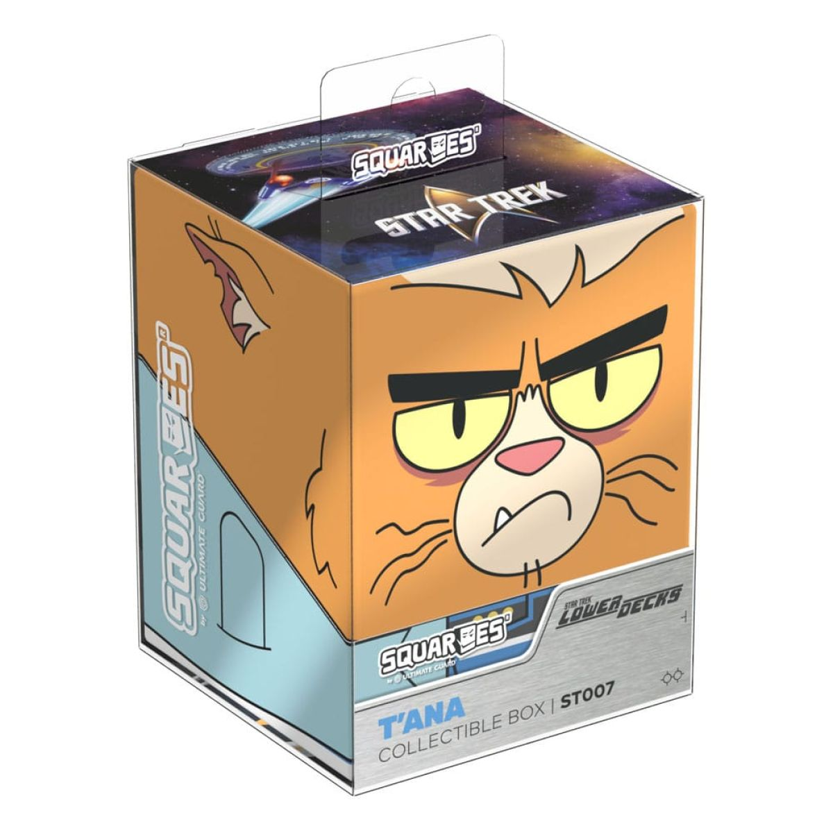 Boîte de collection Star Trek T'Ana avec un visage de chat orange grincheux et un vaisseau.
