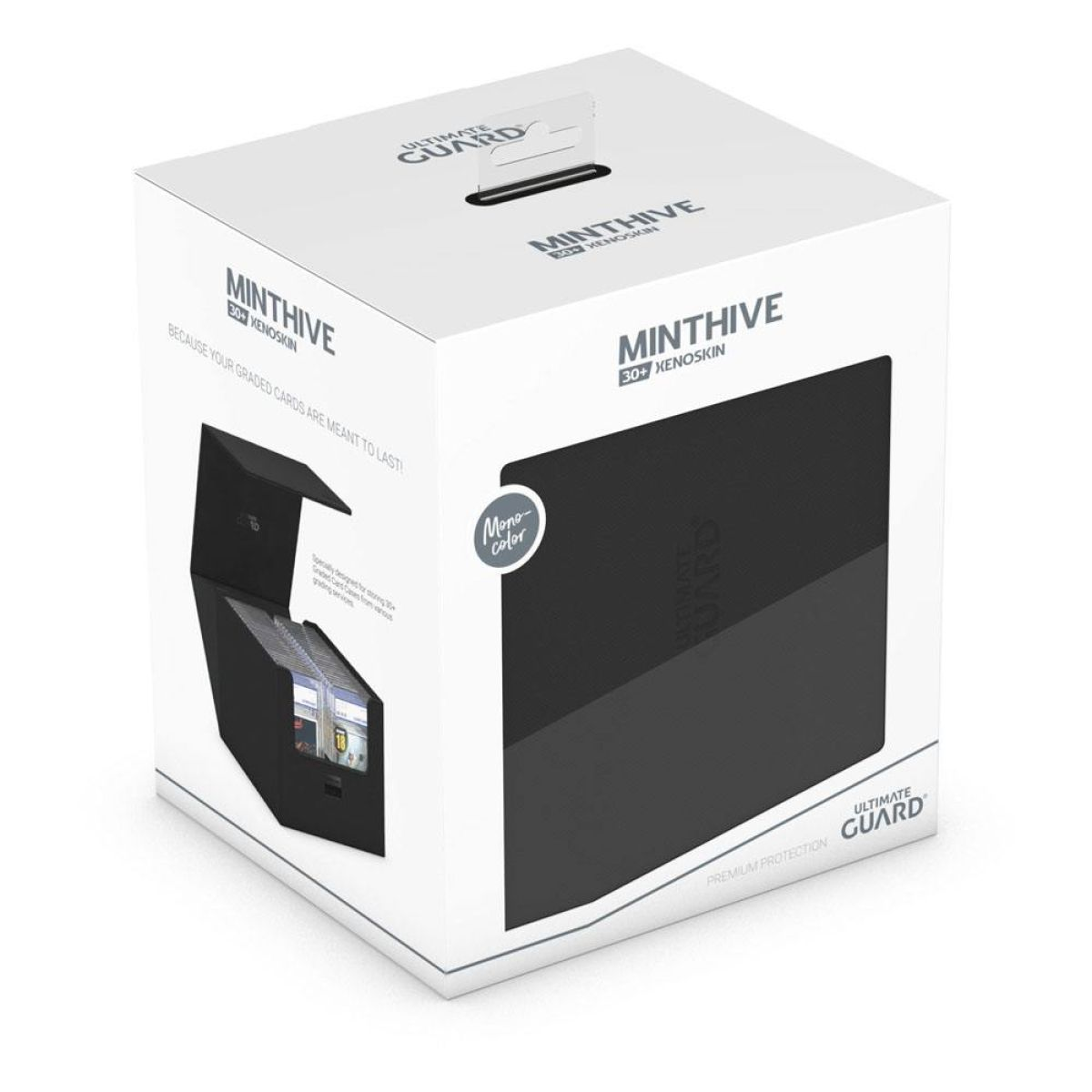Une boîte de produit blanche montre une boîte de rangement noire Ultimate Guard Minthive.