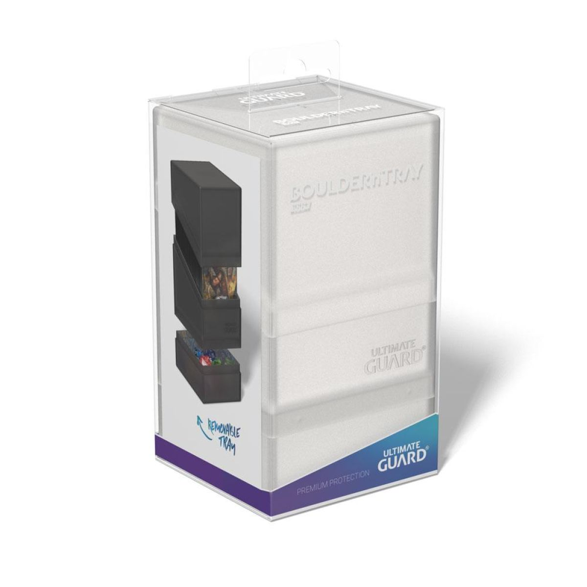 Un emballage de produit en plastique blanc Ultimate Guard Boulder'N'Tray sur fond blanc.