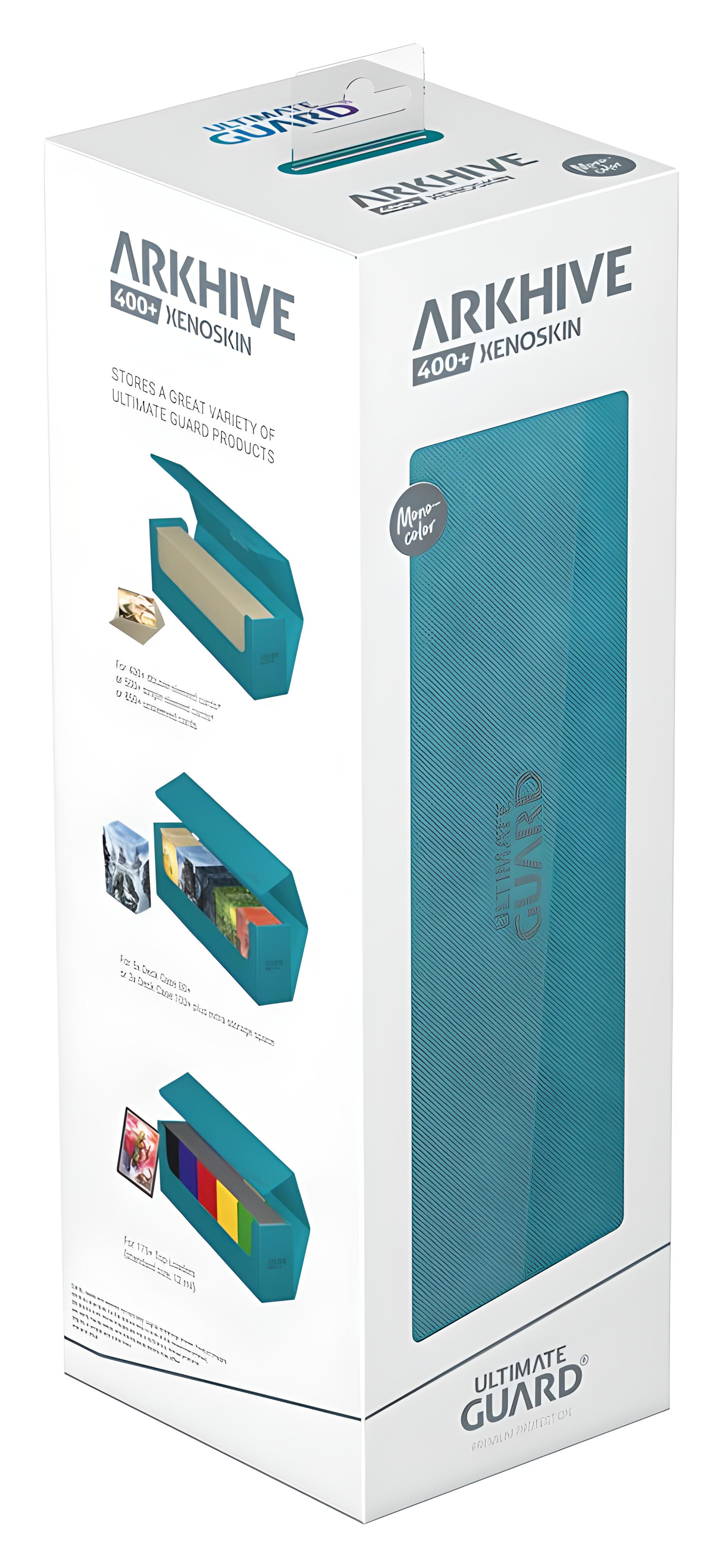 Boite de rangement de cartes Ultimate Guard Arkhive 400+ Xenoskin blanche et turquoise.