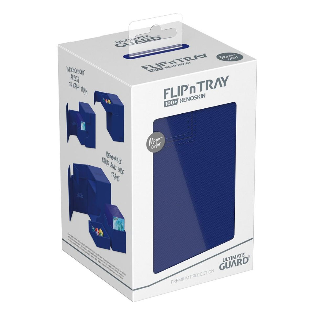 Boîte de produit blanche et bleue pour Ultimate Guard Flip n Tray 100+ Xenoskin, avec illustrations sur le côté.
