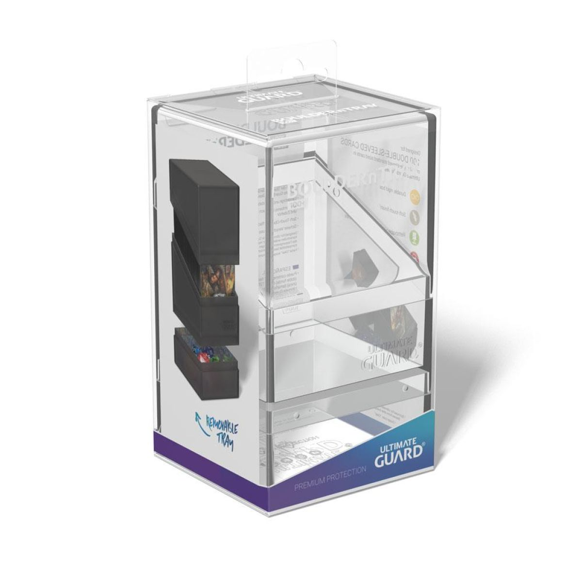 Boîte de rangement transparente Ultimate Guard avec porte-cartes dans son emballage.