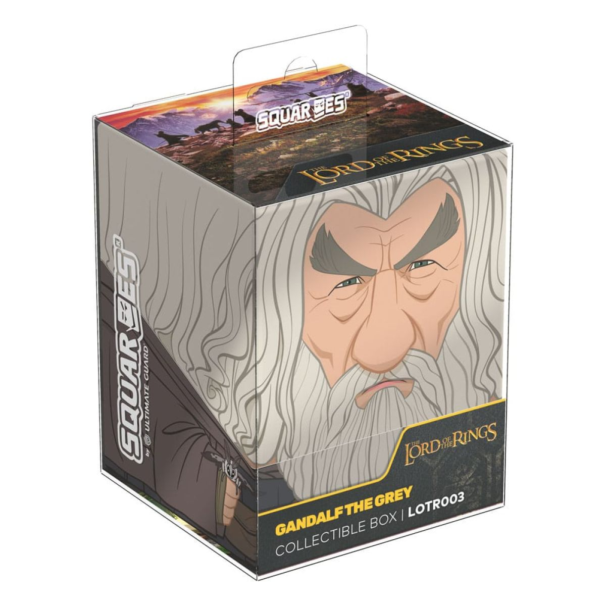 Boîte de collection représentant Gandalf le Gris du Seigneur des Anneaux avec art et image de marque.
