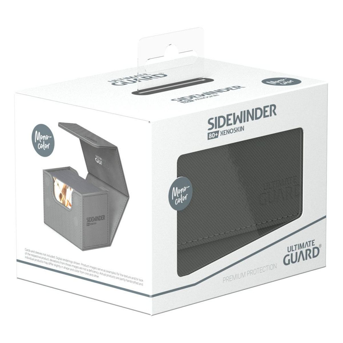 Une boîte de produit blanche pour un étui de cartes gris Ultimate Guard Sidewinder Xenoskin.