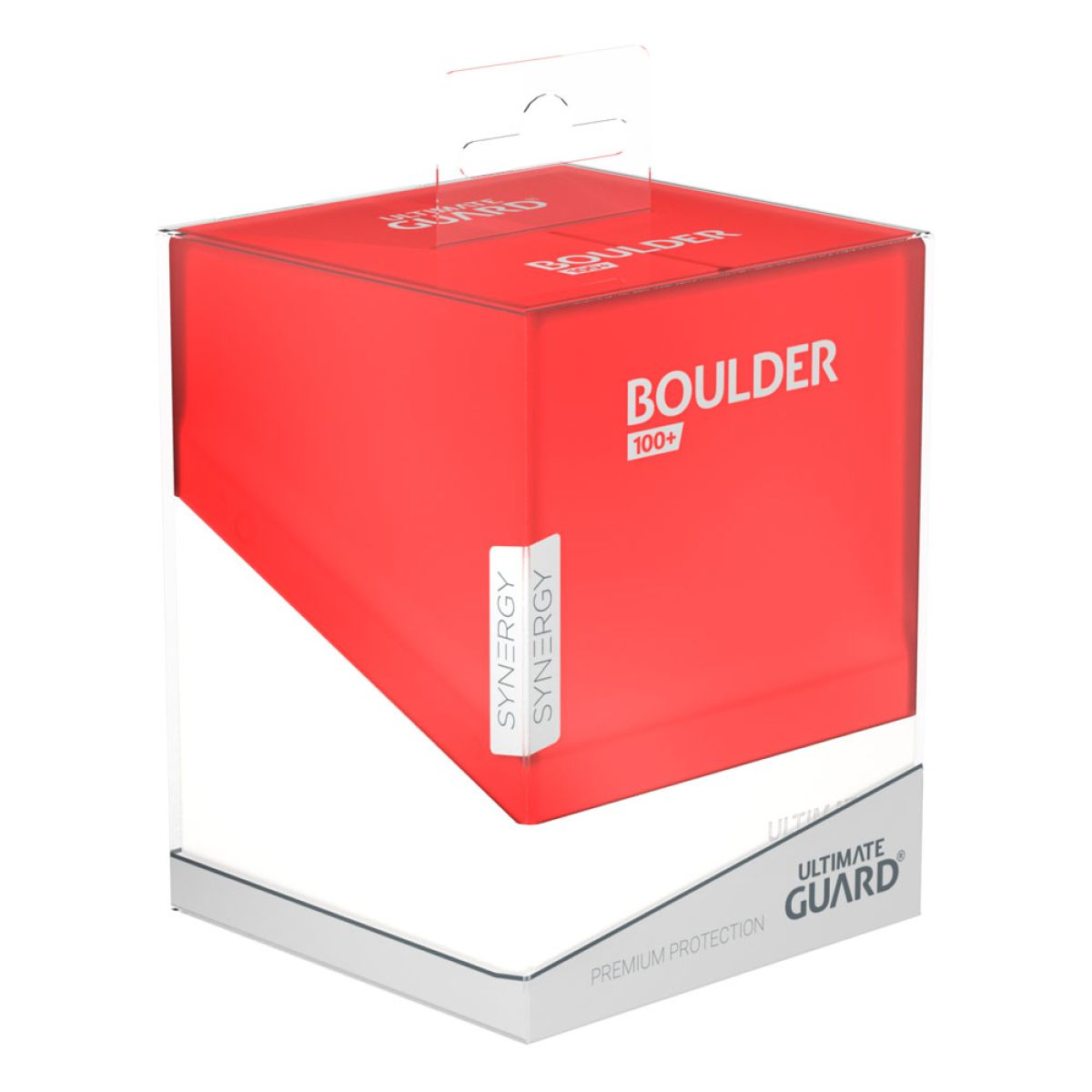 Une boîte de cartes rouge Ultimate Guard Boulder 100+ dans son emballage transparent.