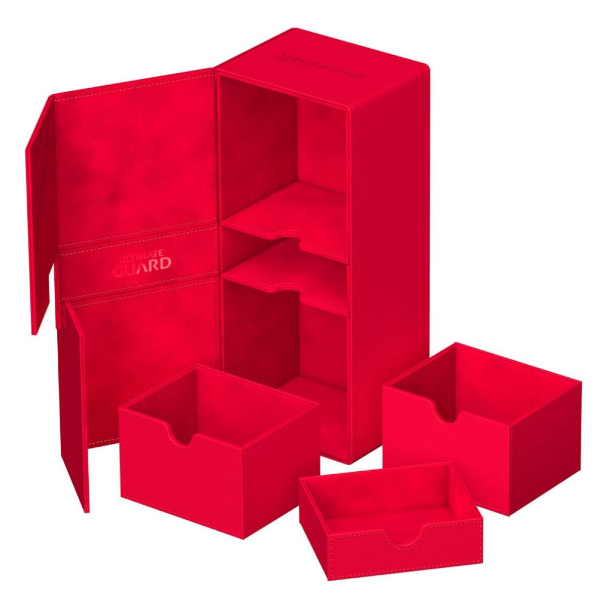 Une boîte de jeu de cartes rouge vif avec des portes ouvertes et trois plateaux amovibles.
