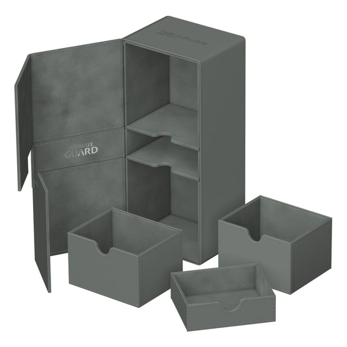 Graue Ultimate Guard Kartenhülle mit offenen Fächern und herausgezogenen Schubladen.