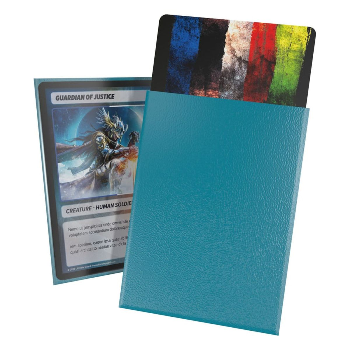 Protège-carte bleu avec insert coloré sur fond blanc.
