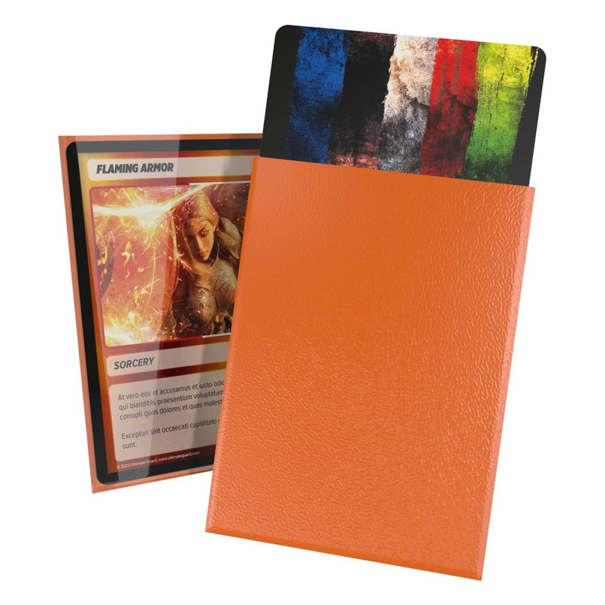 Boîte de cartes orange avec un intercalaire coloré et une carte de jeu fantastique à gauche.