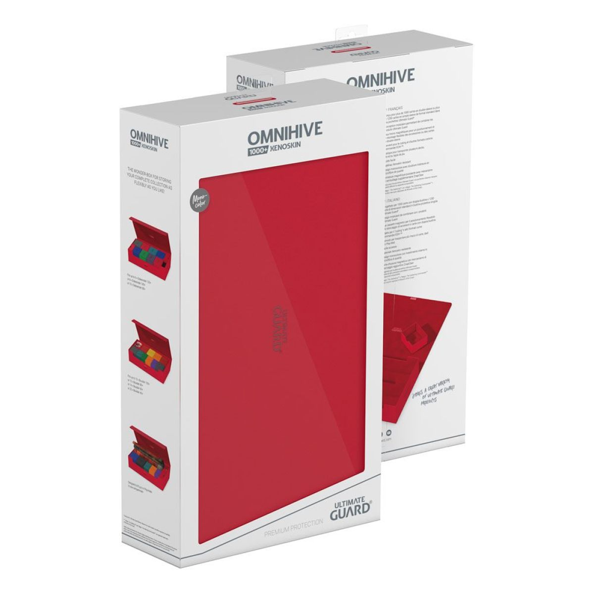 Deux boîtes de produits Ultimate Guard Omnihive 1000+ Xenoskin blanches et rouges sur fond blanc.