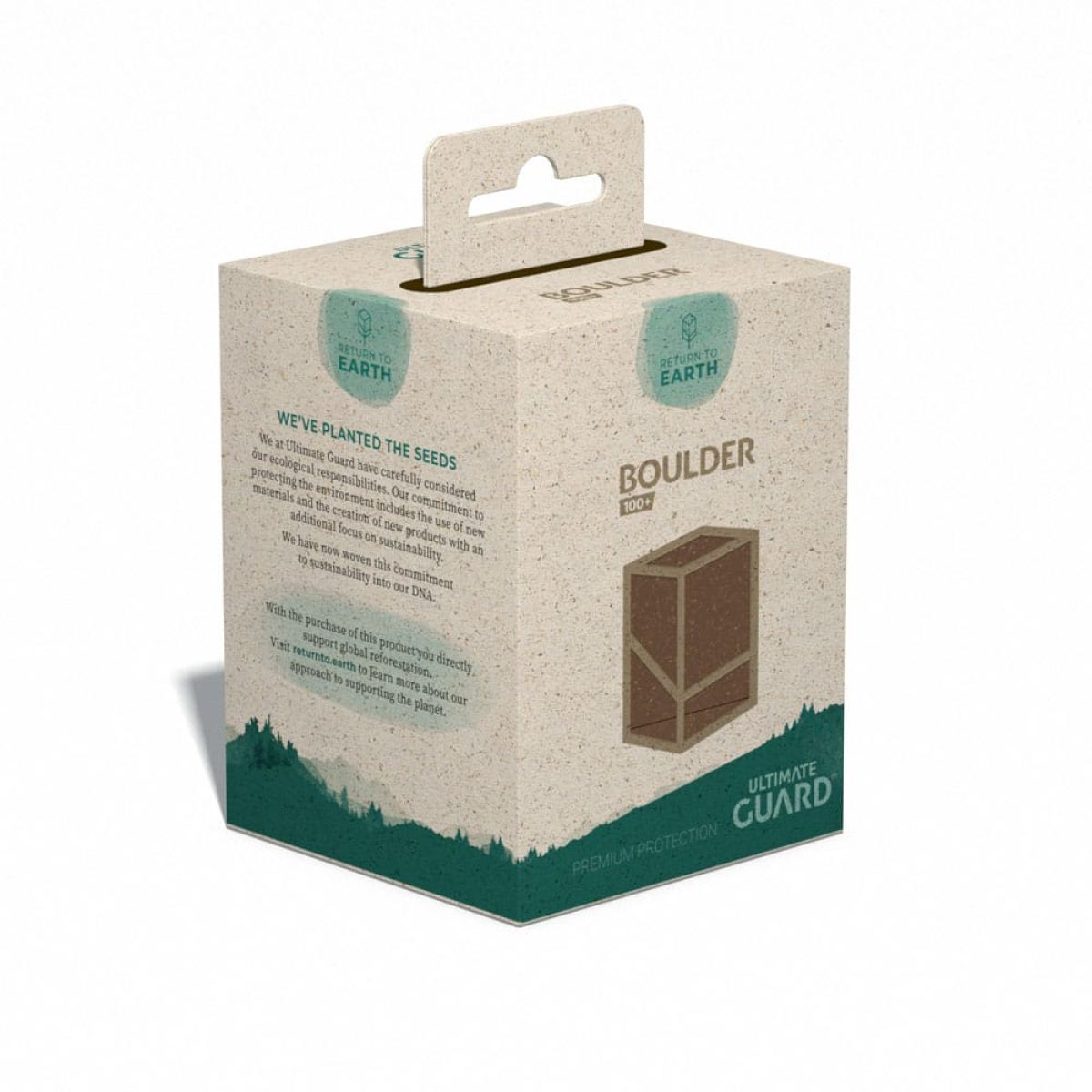 Une boîte d'emballage en carton recyclable avec du texte et des graphiques pour un produit Ultimate Guard.