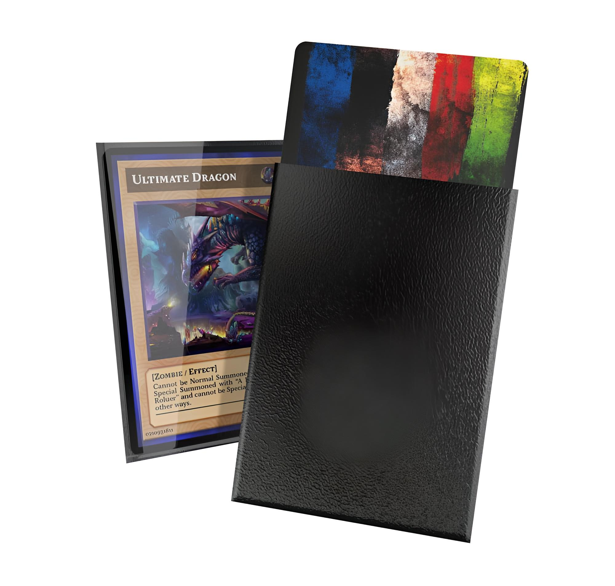 Boîte de jeu noire avec une carte Ultimate Dragon et une carte artistique colorée.