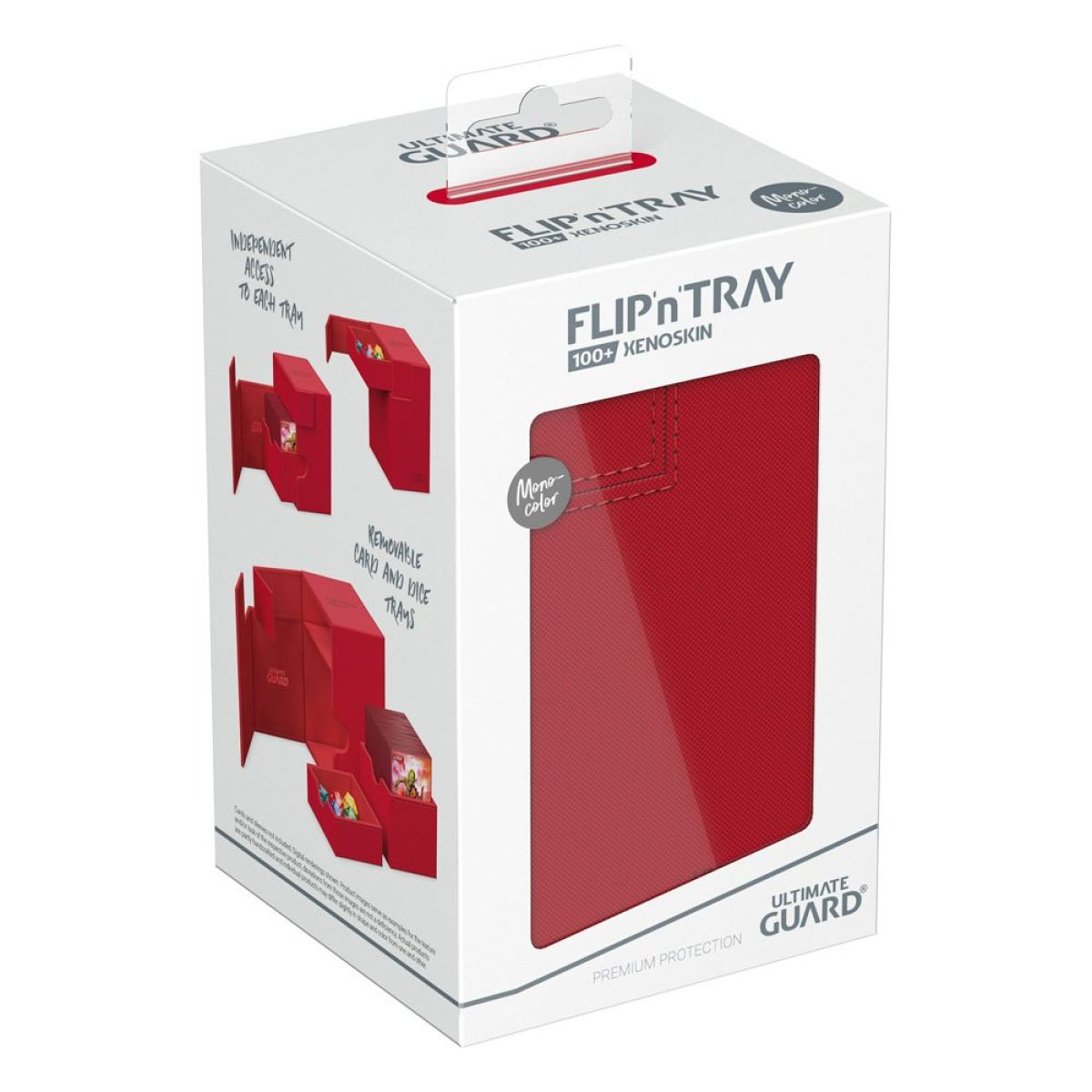 Una scatola bianca per un portamazzo rosso Ultimate Guard Flip'n'Tray.