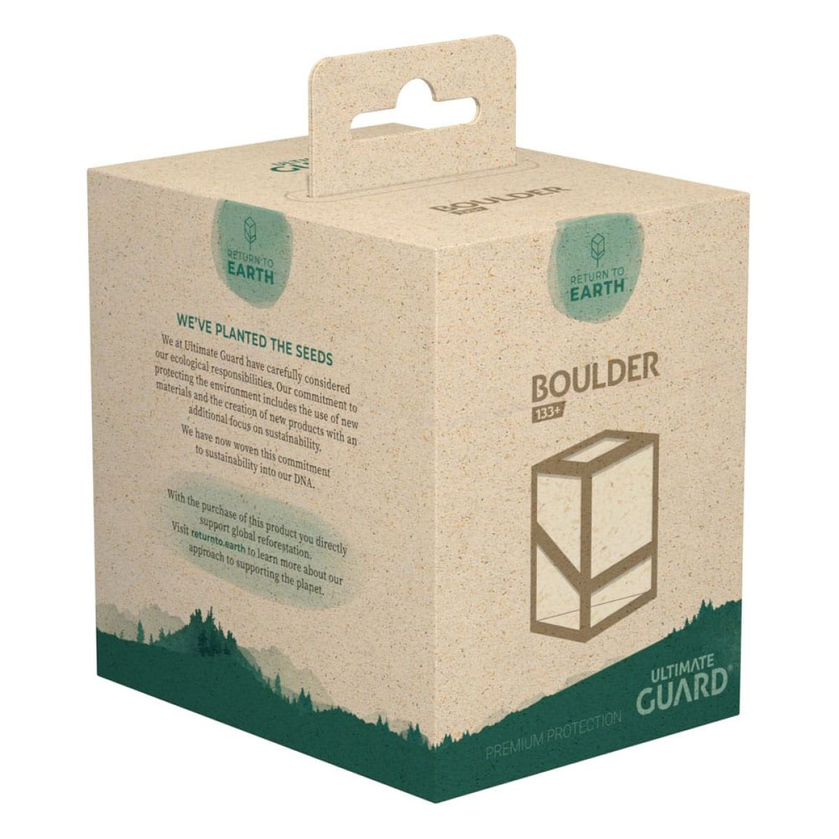 Un emballage en carton recyclable avec un motif d'arbre vert et le texte 'Boulder 133+' et 'Return to Earth'.