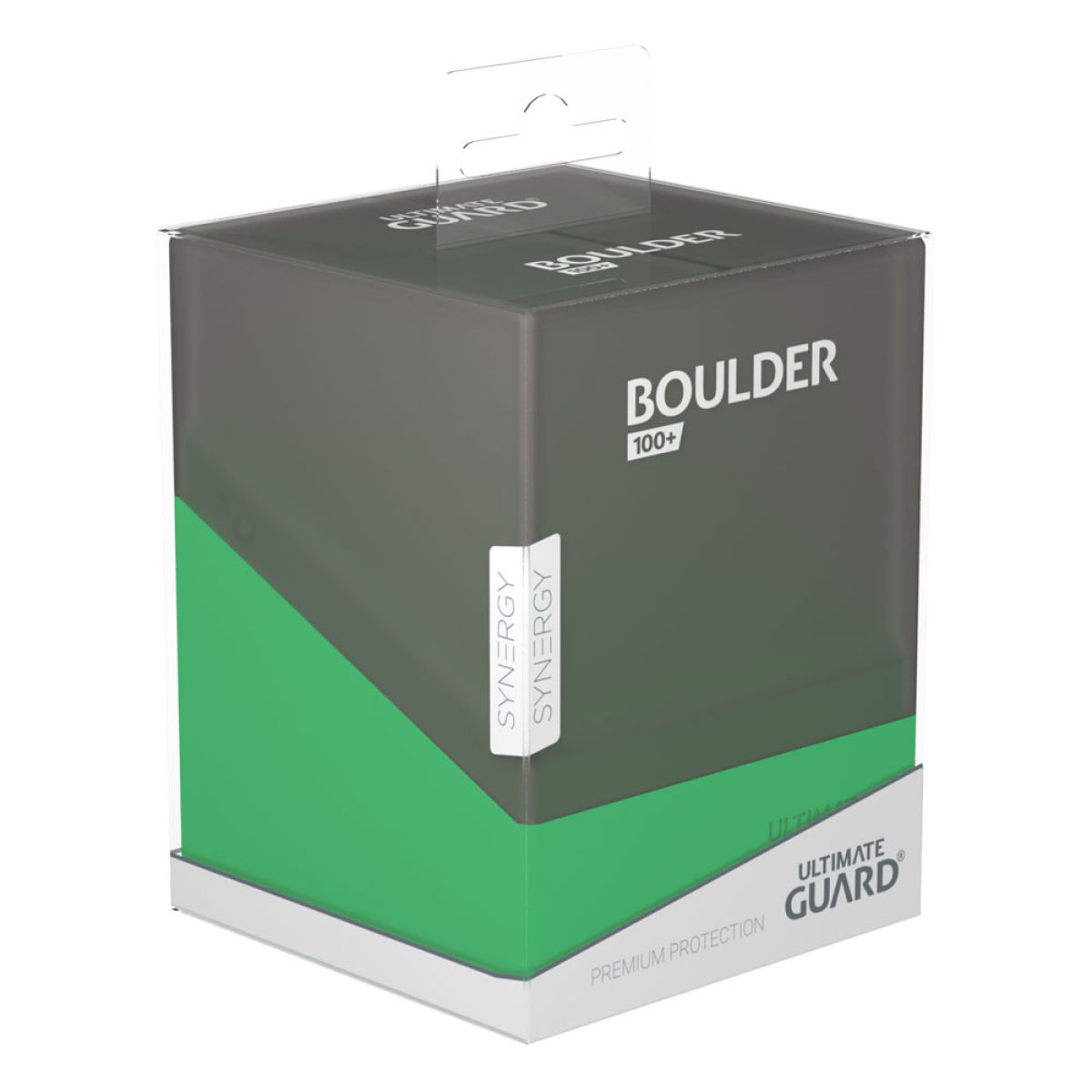 Une boîte de deck en plastique gris et vert Ultimate Guard Boulder 100+ avec du texte blanc, sur fond blanc.