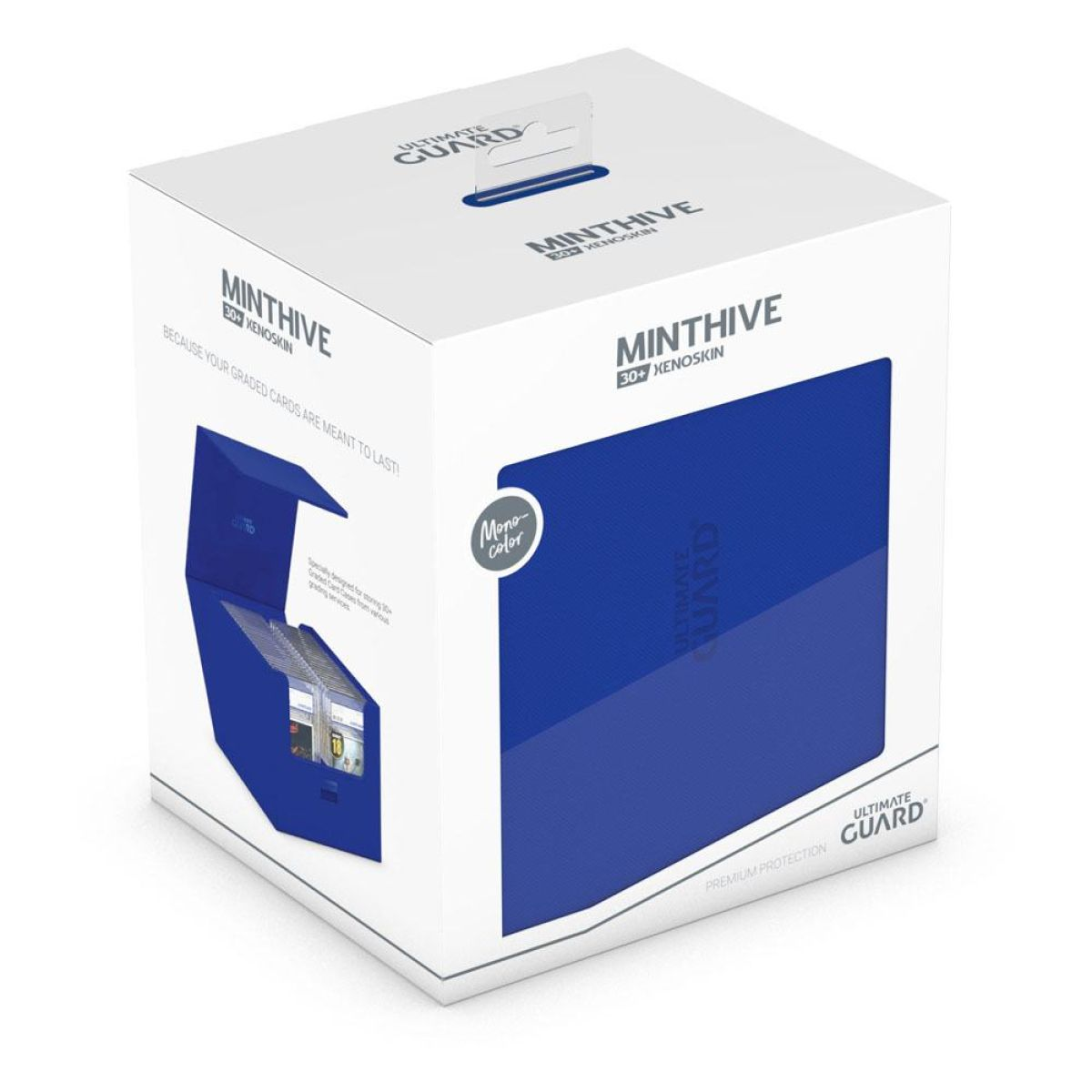 Boîte de rangement blanche Ultimate Guard Minthive avec design bleu sur fond blanc.