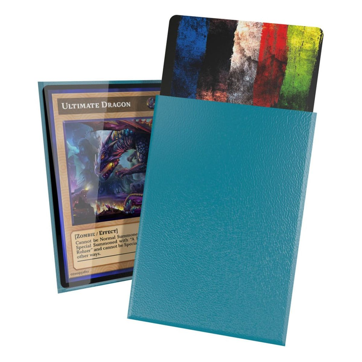 Une carte à collectionner dans une pochette turquoise, une autre montrant un dragon.