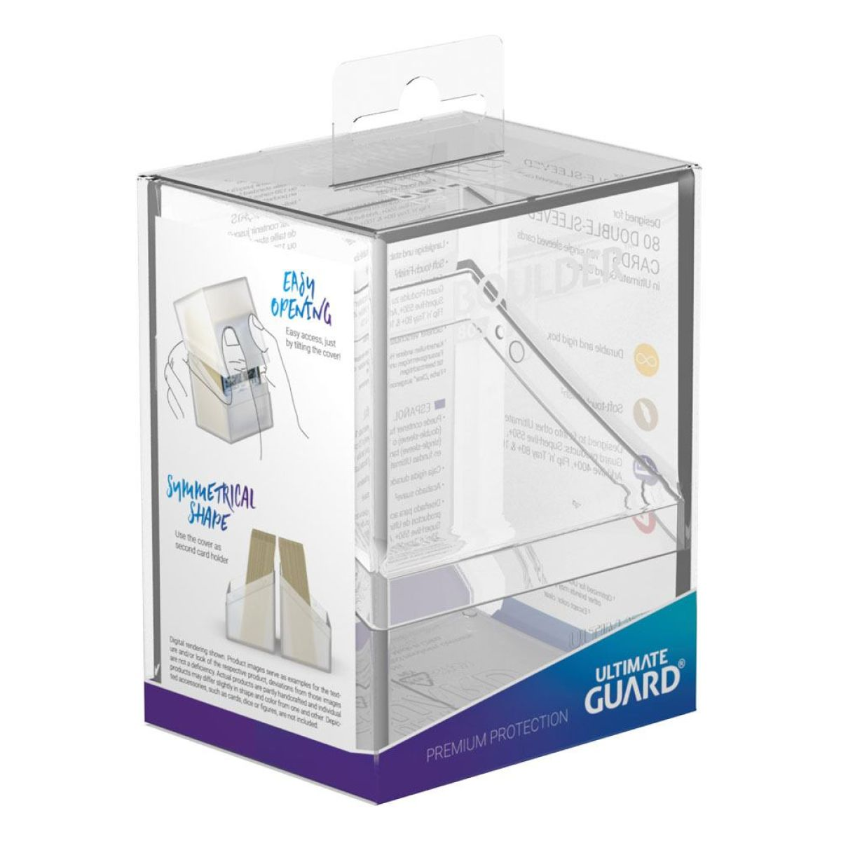 Transparente Ultimate Guard Boulder Deckbox in einer Produktverpackung mit Grafiken.