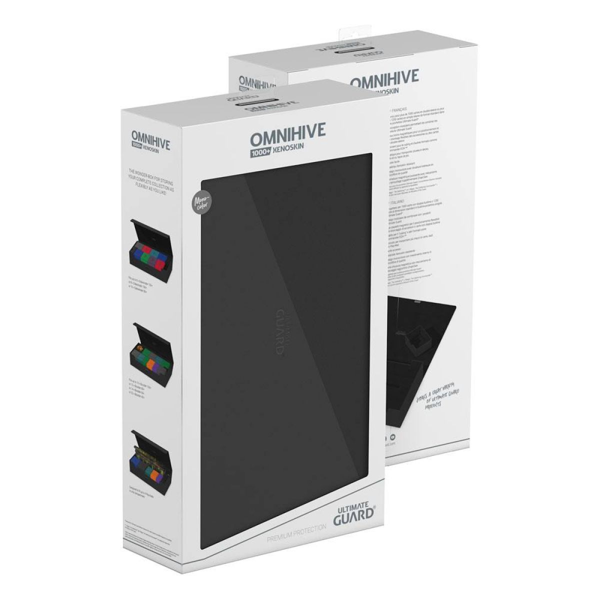 Deux boîtes de produits Ultimate Guard Omnihive 1000+ Xenoskin blanc et noir sur fond blanc.