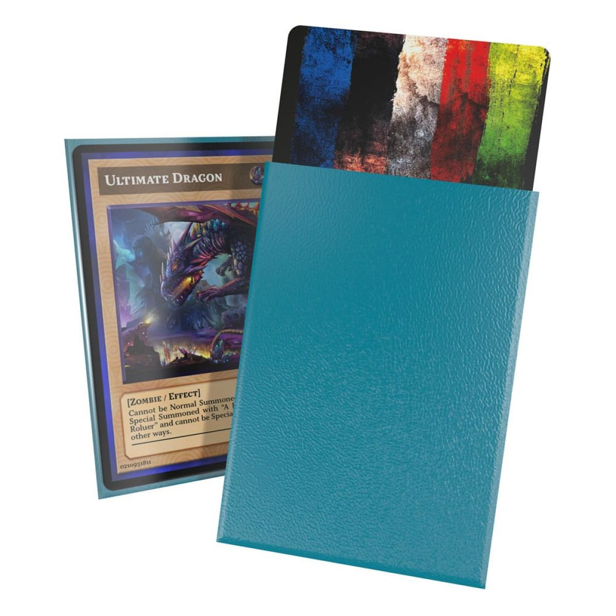 Un protège-carte bleu turquoise montre une carte à collectionner insérée avec des bandes colorées et une autre carte de dragon.