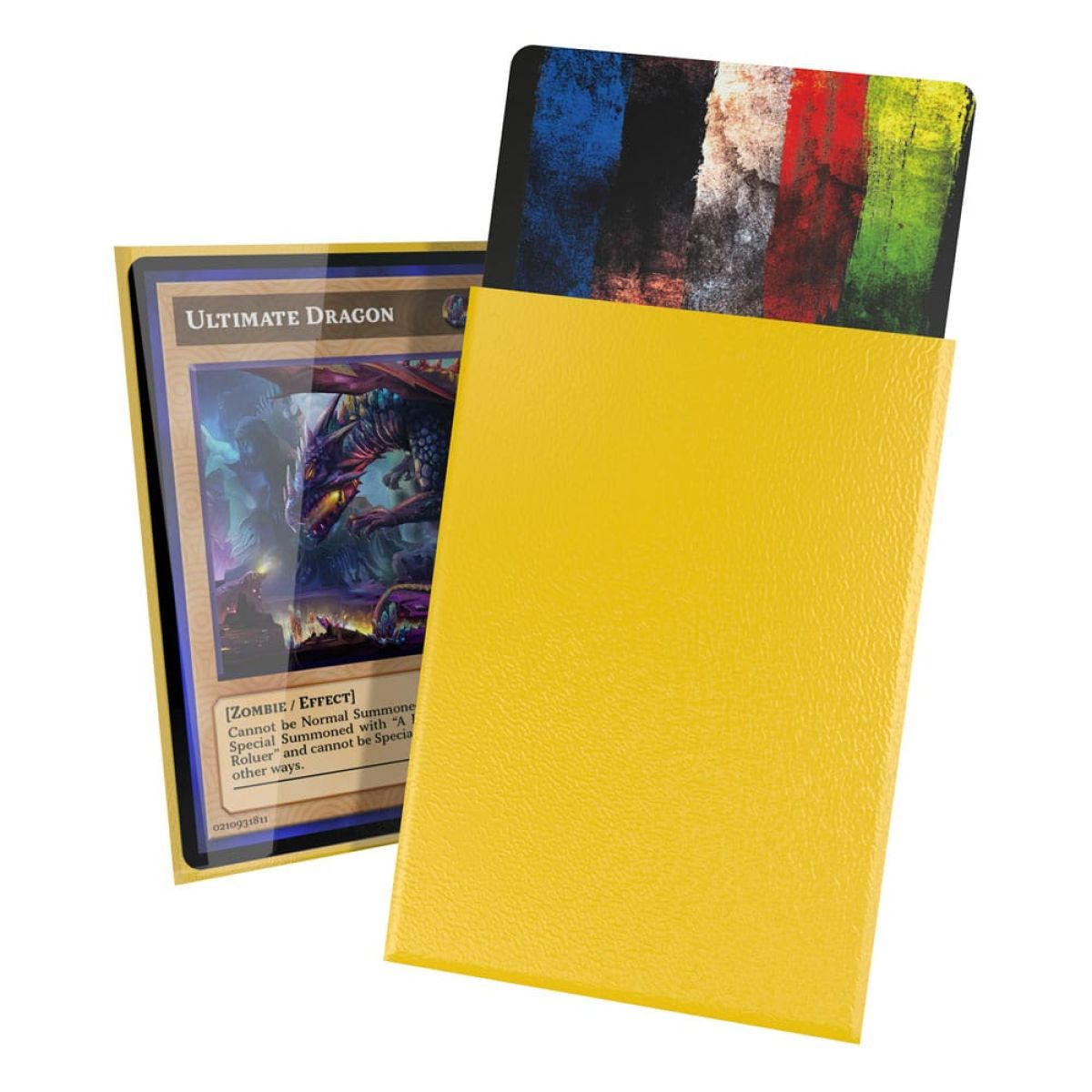 Une pochette de carte jaune avec un design coloré au dos, contenant une carte nommée Ultimate Dragon.