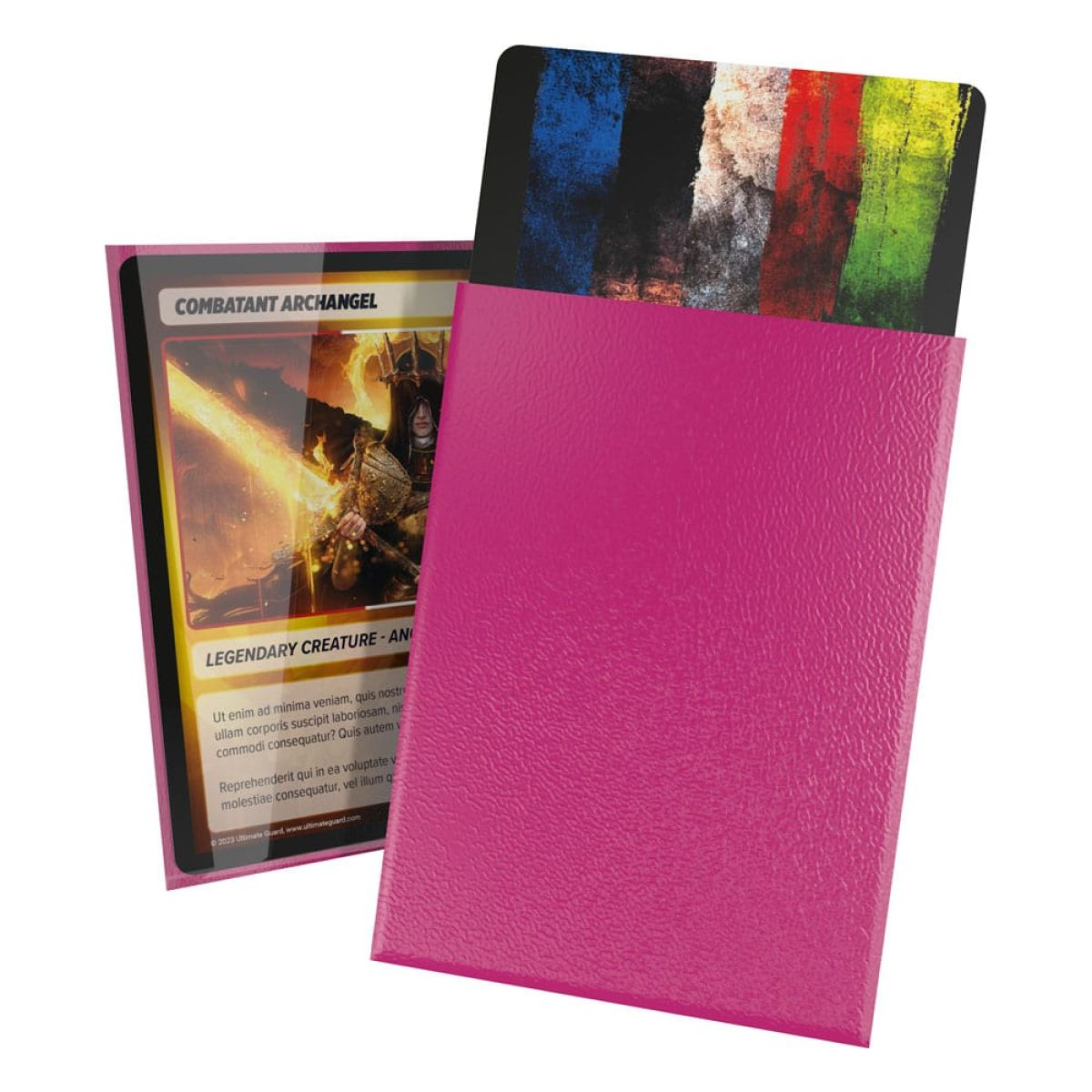 Boîte de deck rose vif contenant une carte d'ange fantastique et une autre avec des bandes de peinture colorées.
