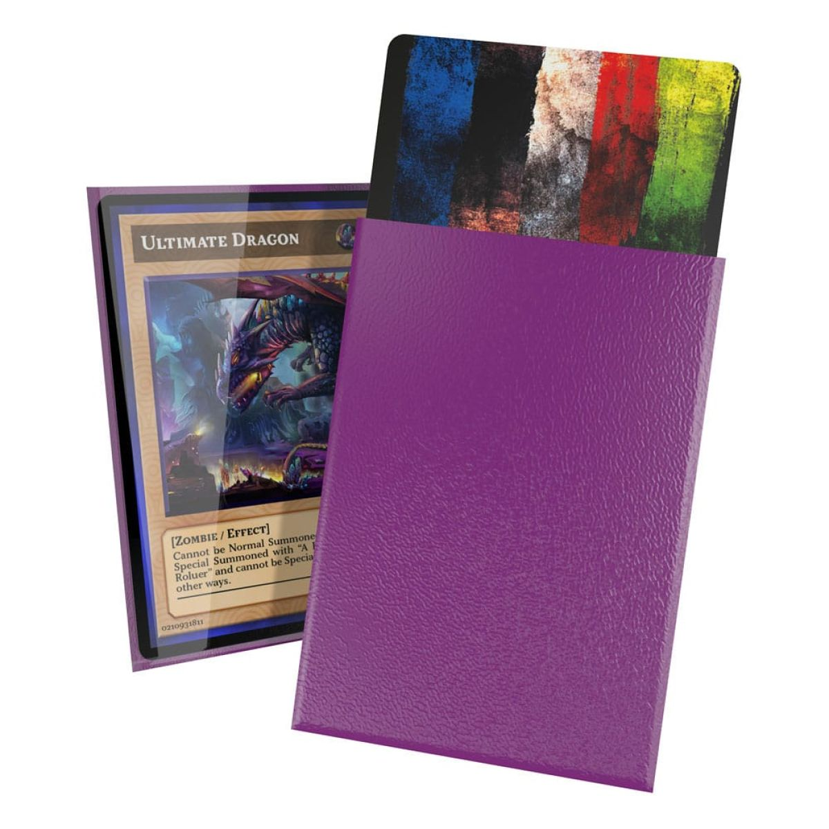 Un étui violet montre une carte Ultimate Dragon et une carte à rayures colorées.