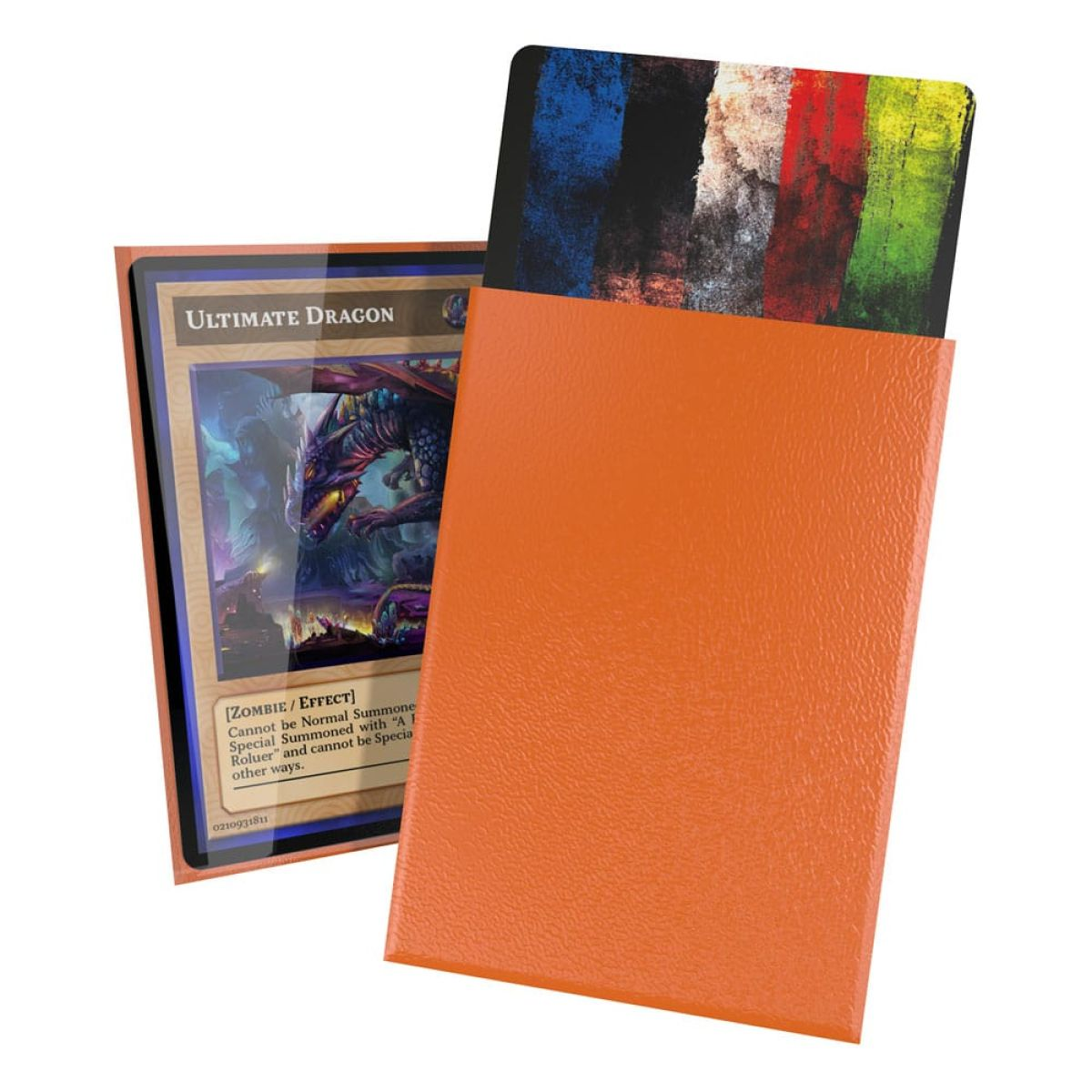 Une pochette orange montre une carte de jeu Ultimate Dragon et un dos coloré.