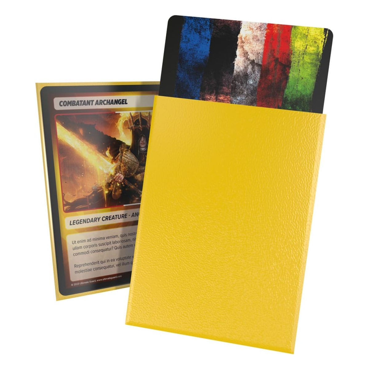 Une boîte à cartes jaune contenant une carte avec des bandes bleues, noires, blanches, rouges et vertes.