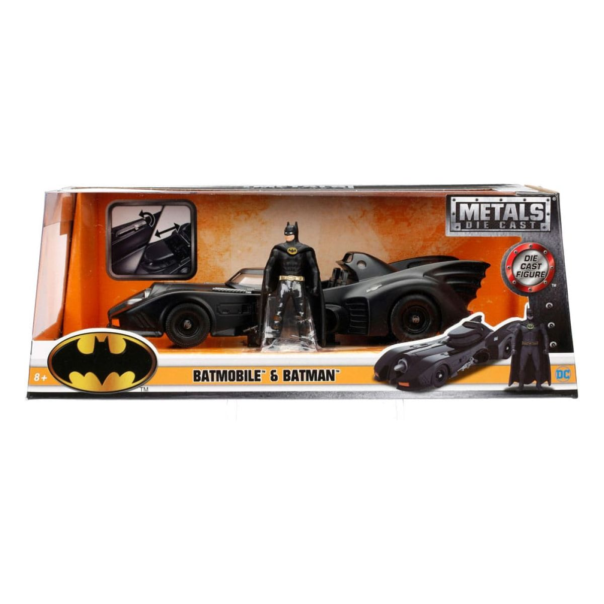 Spielzeugverpackung mit einem schwarzen Batmobil und einer Batman-Figur aus Metallguss.