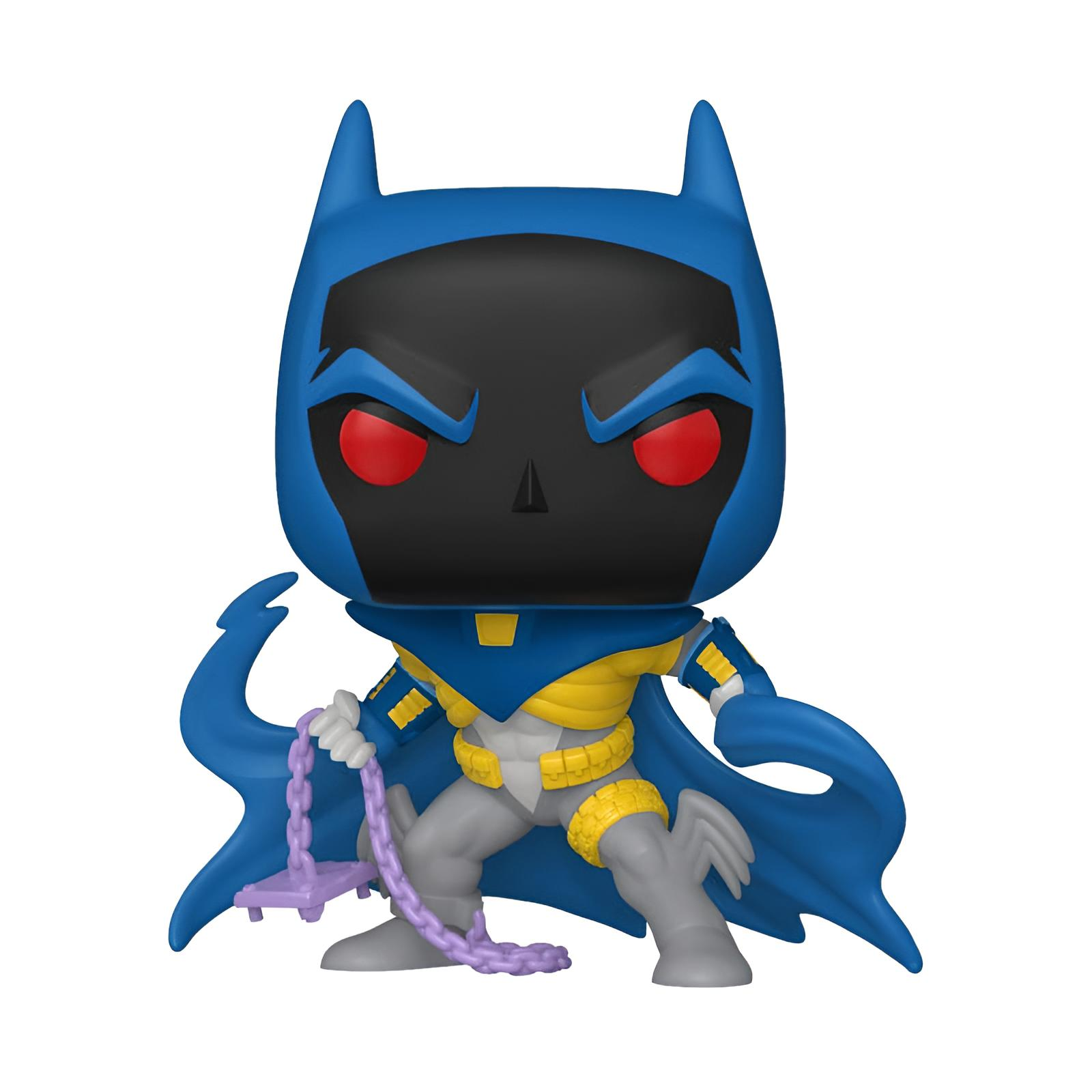Figura Funko Pop de Batman azul con ojos rojos y una cadena morada.