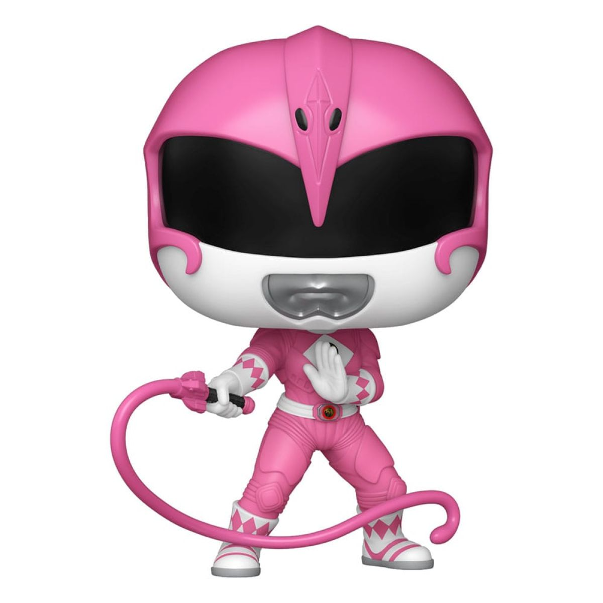 Figura Funko Pop de Power Ranger rosa sosteniendo un látigo rosa sobre fondo blanco.