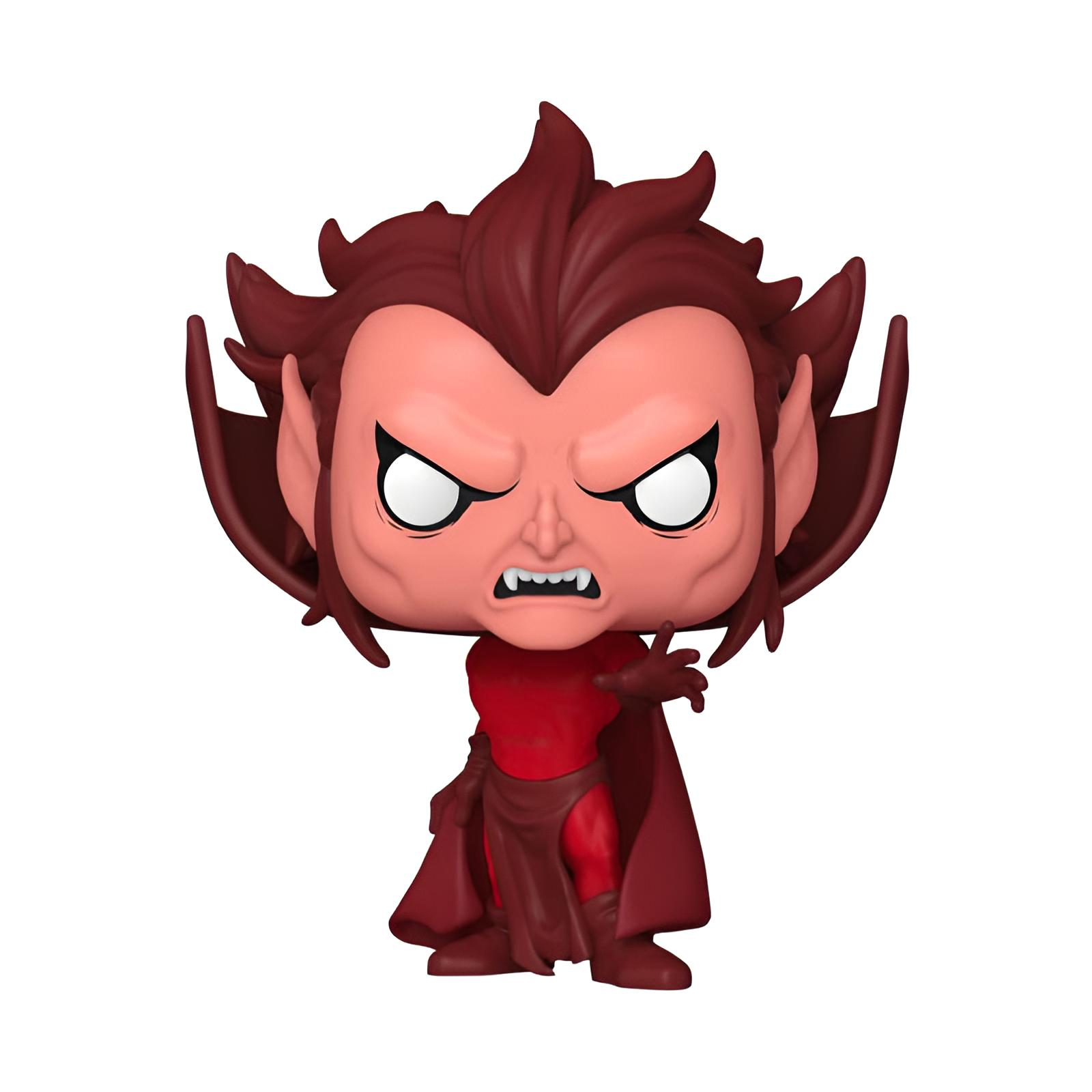 Eine rote Funko Pop Figur mit spitzen Ohren und Umhang vor weißem Hintergrund.