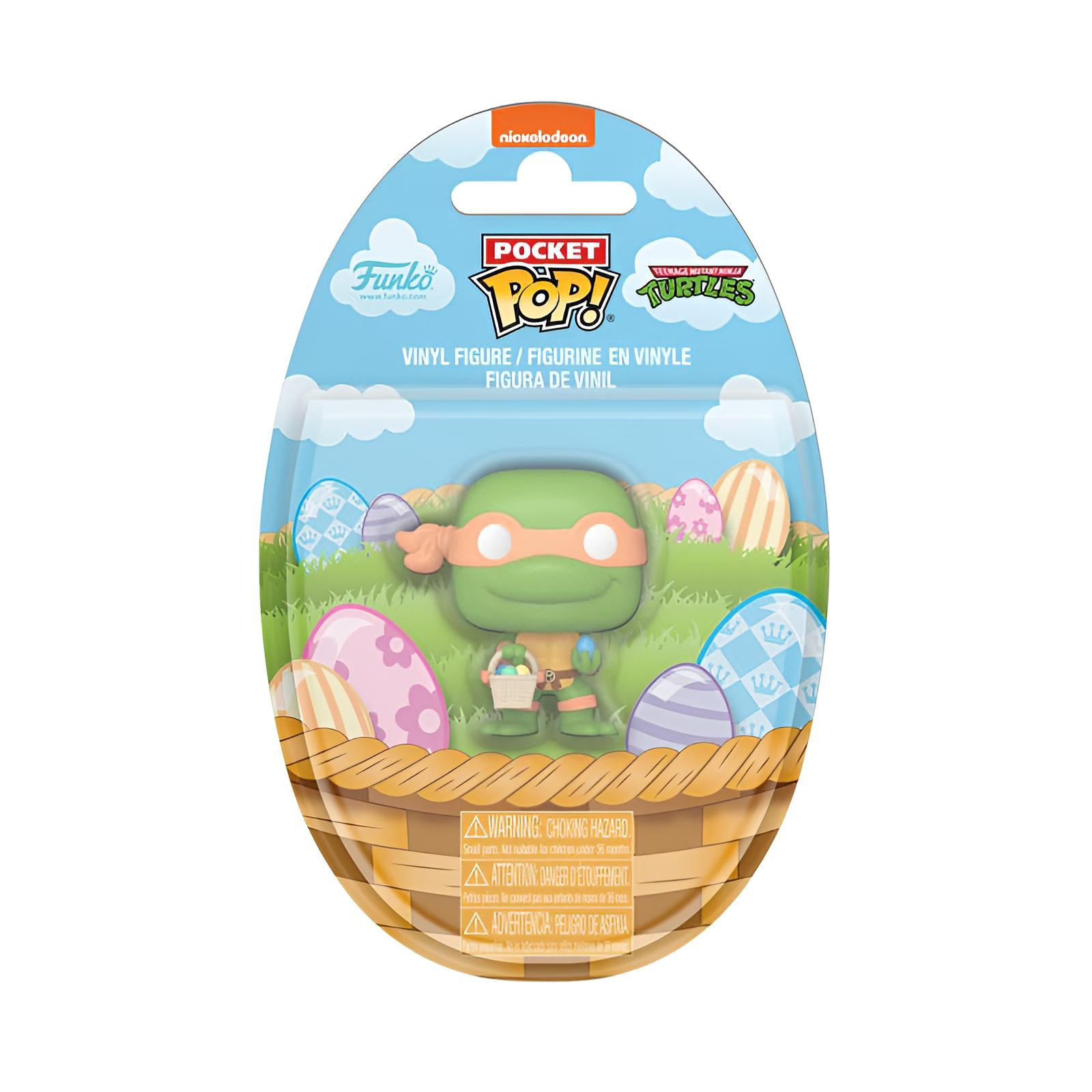 Una figura de Pascua Funko Pocket Pop de Michelangelo de Teenage Mutant Ninja Turtles en su empaque.
