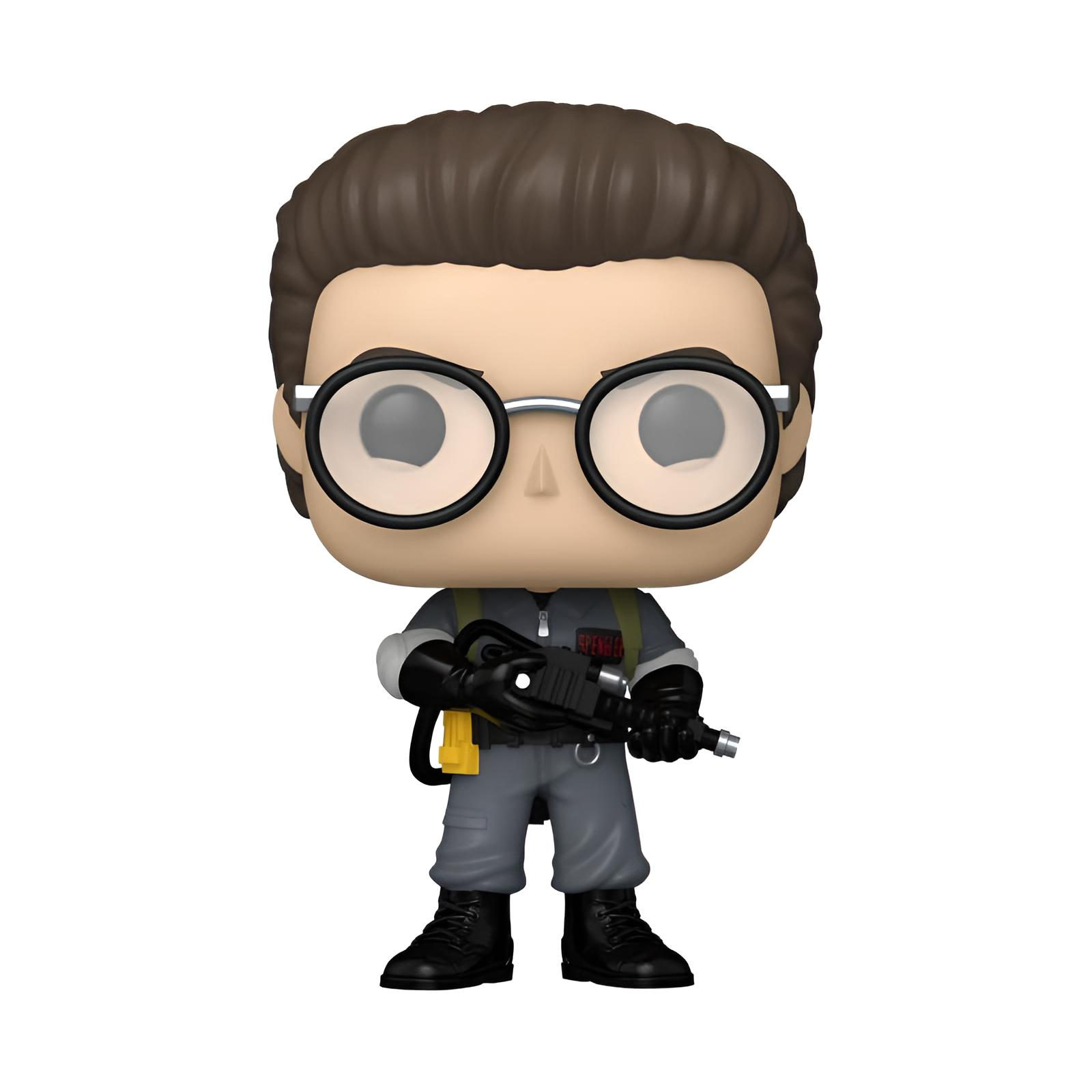 Figura de vinilo de un Cazafantasmas con gafas, mono gris y un lanzador de protones, sobre fondo blanco.