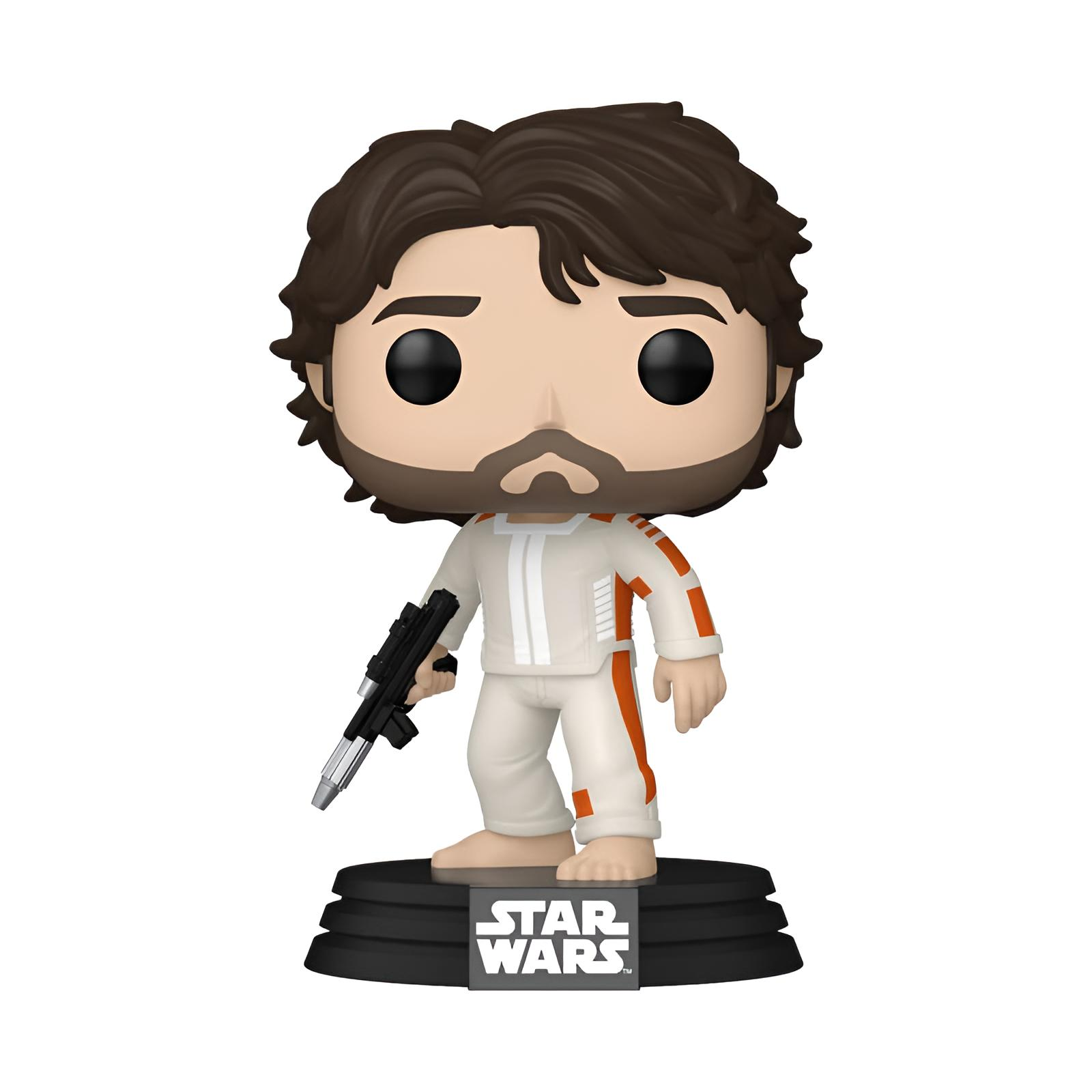 Figura Funko Pop de Cassian Andor con traje de piloto blanco y bláster sobre base negra.