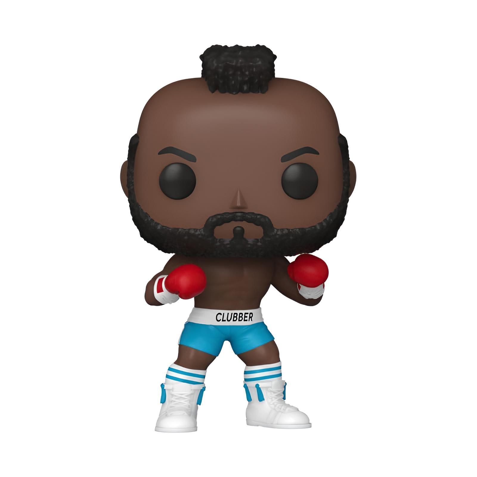 Una figura de vinilo de Clubber Lang con cresta, barba, guantes de boxeo rojos, pantalones azules y botas blancas y azules.