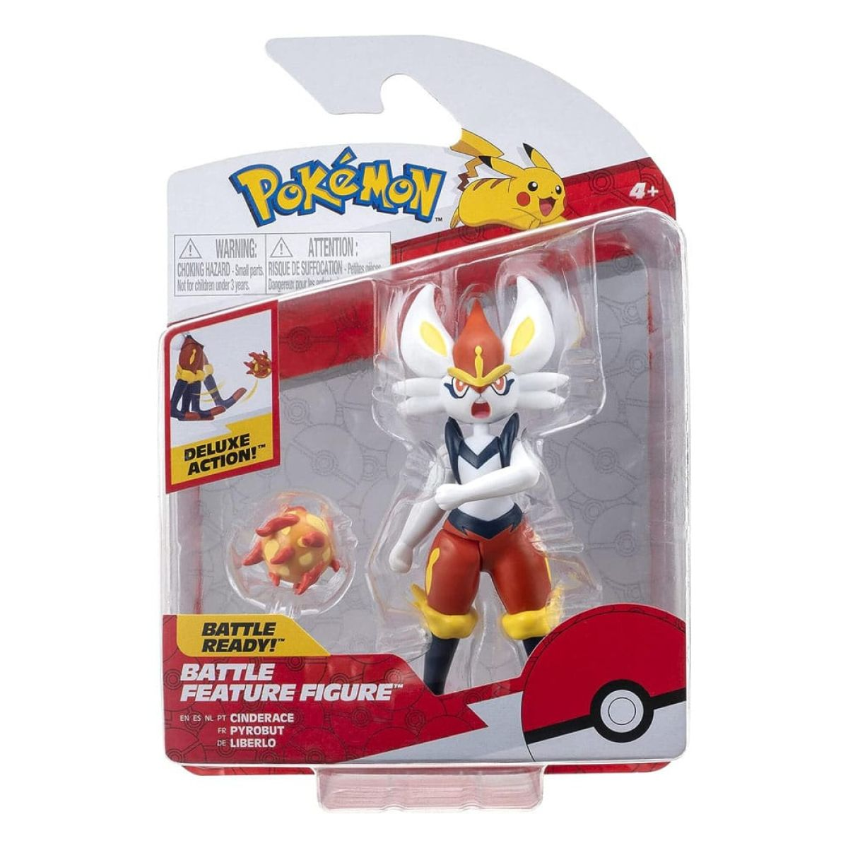 Verpackte Cinderace Pokémon Actionfigur mit rotem und gelbem Zubehör auf rot-weißer Karte.